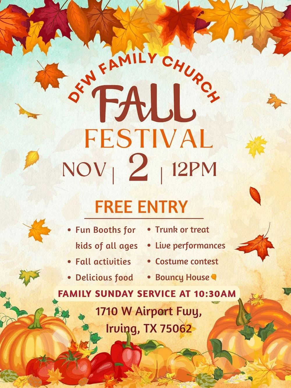 Welcome to the DFW Family Church Fall Festival! Join us for a day filled with fun activities, delicious food, and exciting games for the whole family. The festival will be held at 1710 W Airport Fwy, so mark your calendars and bring your loved ones a