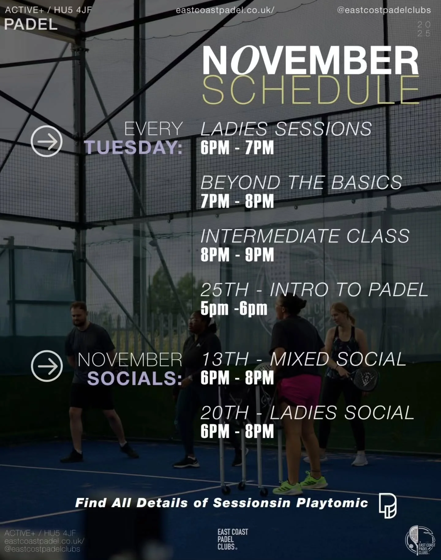 WHAT'S ON NOVEMBER- Check out what's on at East Coast Padel in November! For our coaches' details make sure to swipe ➡️
