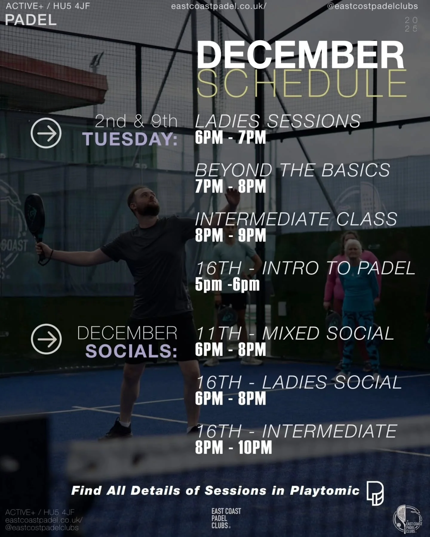 WHAT'S ON DECEMBER- Check out what's on at East Coast Padel in the month of December! For our coaches' details make sure to swipe ➡️