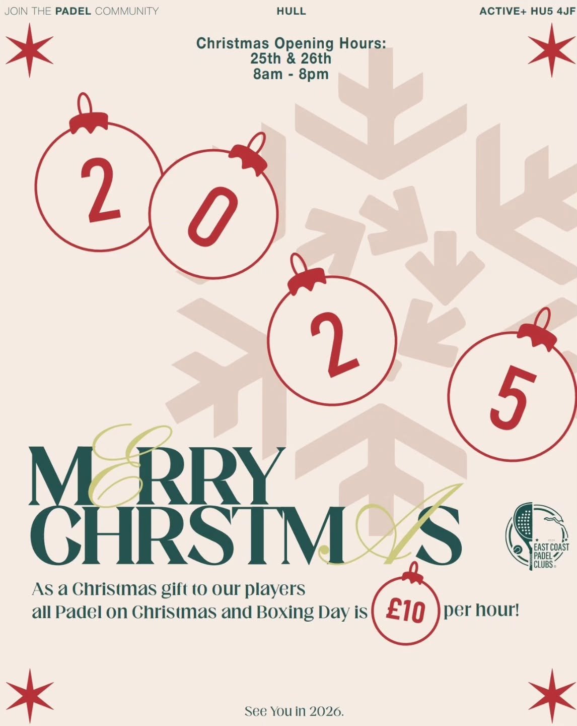 MERRY CHRISTMAS! - As a Christmas gift from the ECP team all Padel on Xmas/ Boxing day is &pound;10ph 🎄 If you have already booked for those dates we will refund you credit into your club wallet 👛