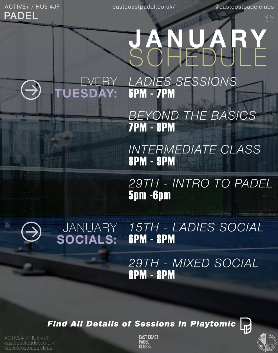 JANUARY - A peak into what's on at East Coast Padel as we kick off the year! For details of all sessions head to playtomic or contact our coaches directly.

#eastcoastpadel #padel #january #newyear