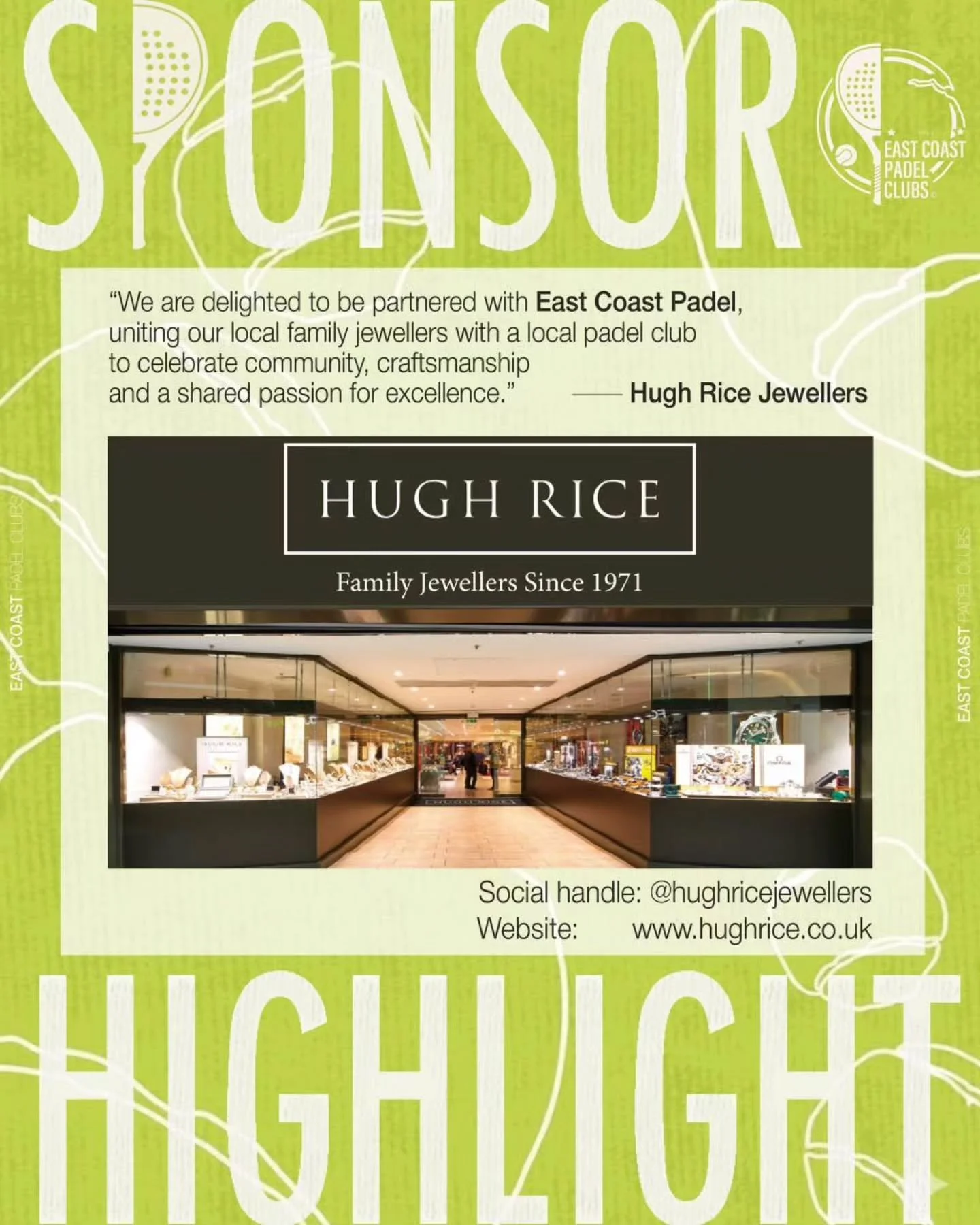 📢 We're thrilled to welcome:

- Hugh Rice Jewellers
- Graham &amp; Rosen Solicitors
- Aalco

as our latest sponsors here at East Coast Padel! 🤝

All great businesses serving the local area 💚

If you want to sponsor our courts talk to @serve_advert