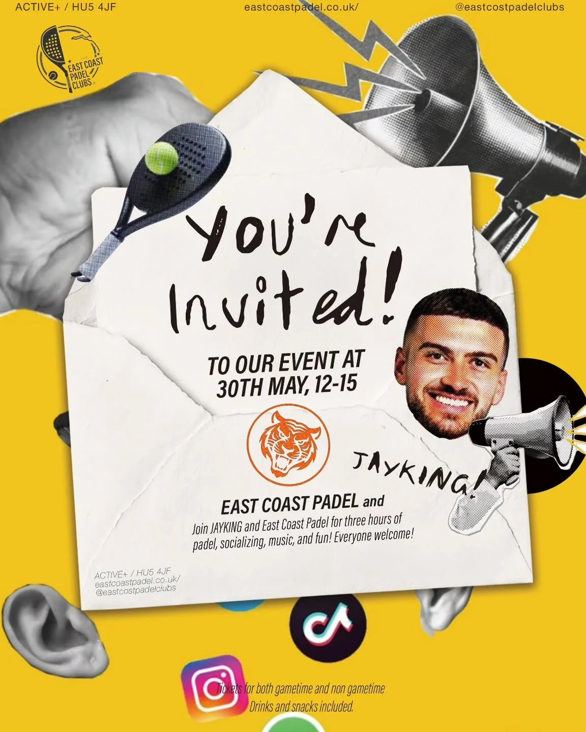 We're teaming up with @itsjkinguk , Hull's hottest up and coming TikTok star, for something special 🎾🔥 
Join us on 30th May, 12&ndash;3pm for three hours of padel, music, and good vibes. Drinks and snacks included. Everyone welcome &mdash; tickets 