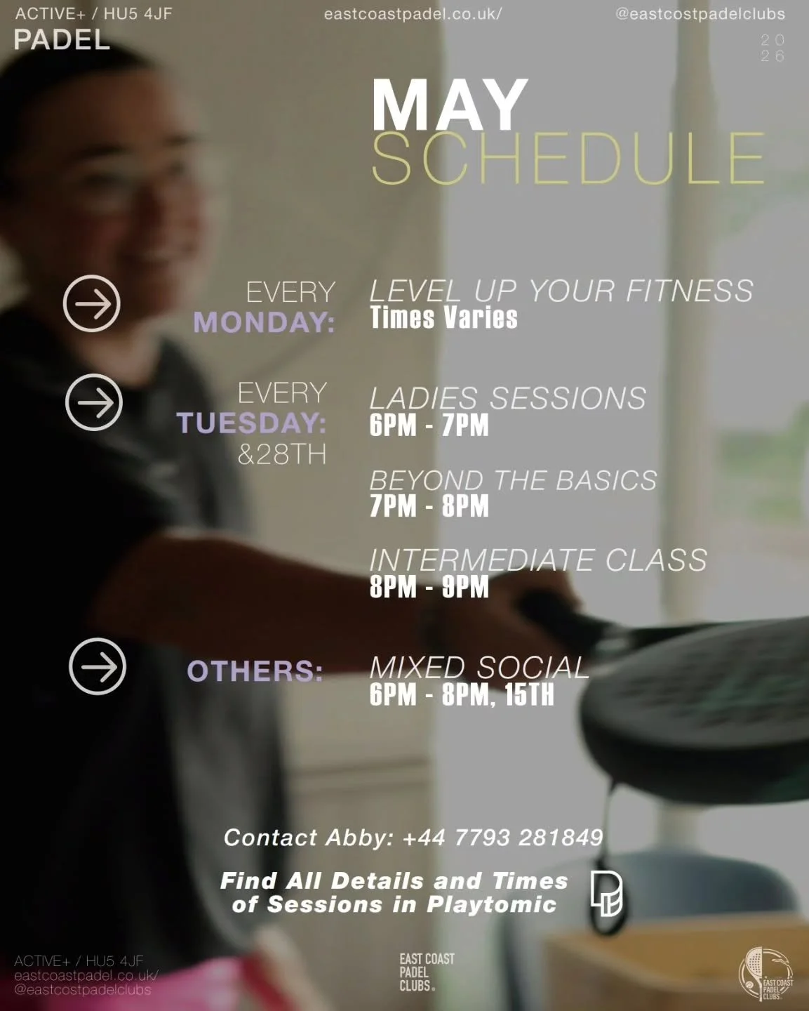 COACH ABBY'S MAY SCHEDULE - Summer is coming and it is the perfect time to level up your Padel game! 
If nothing in the schedule fits, drop Abby a message and she can help out 🤝🎾