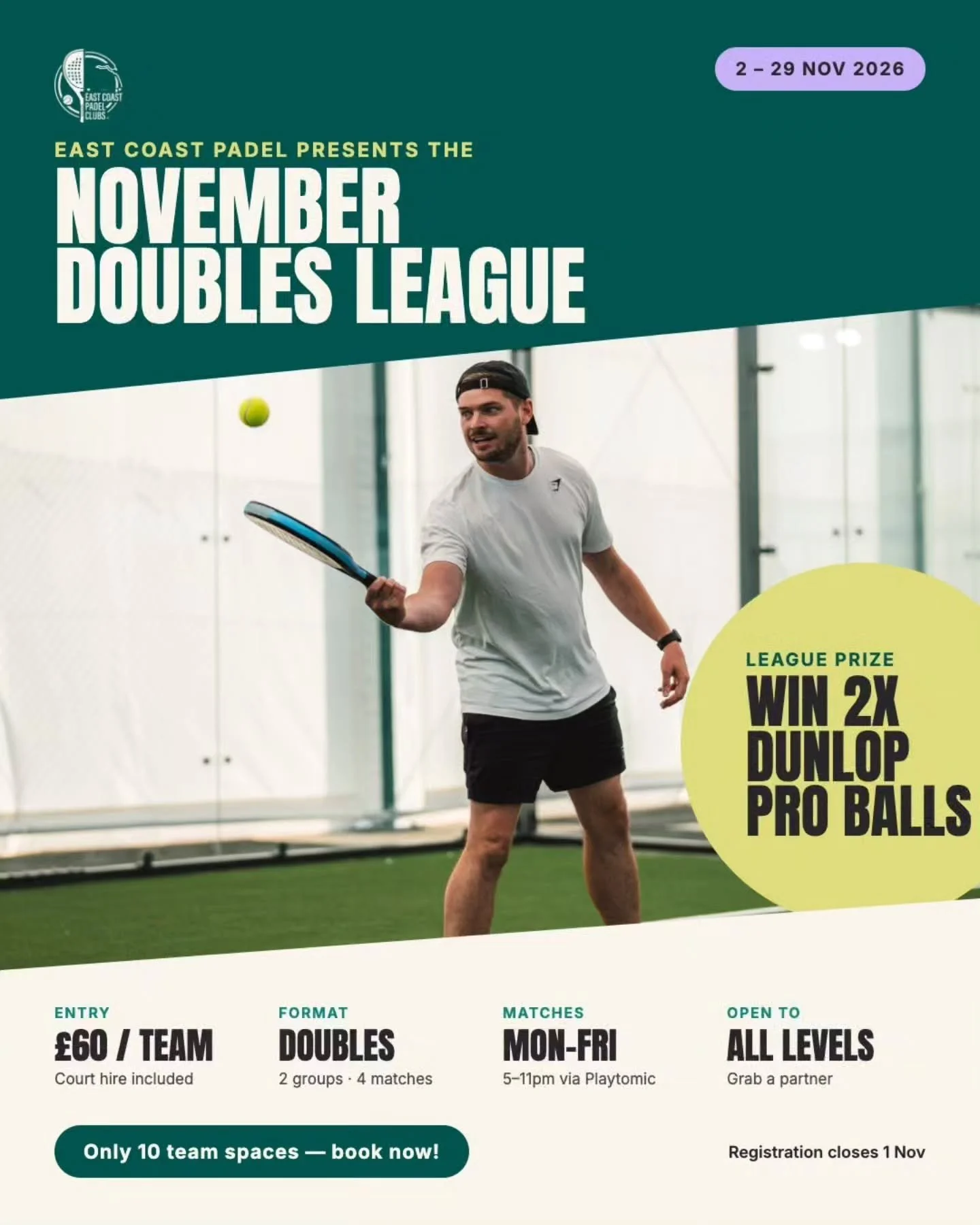 LEAGUE TIME - After a bit of friendly competition? Join our first league at ECP Cleethorpes starting this November. 
Find more detail in the "Events" Section of our club's page on Playtomic. Game on! 💚