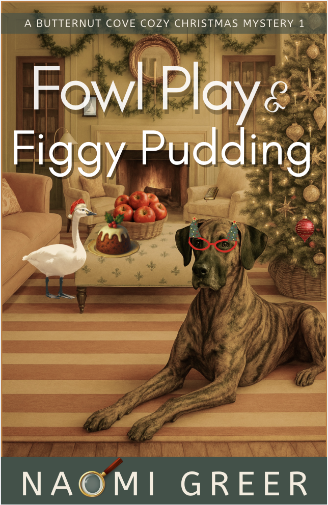 Fowl Play and Figgy Pudding by Naomi Greer, a Butternut Cove Christmas cozy mystery: a Great Dane in festive glasses and a goose in a Santa hat by a Christmas tree