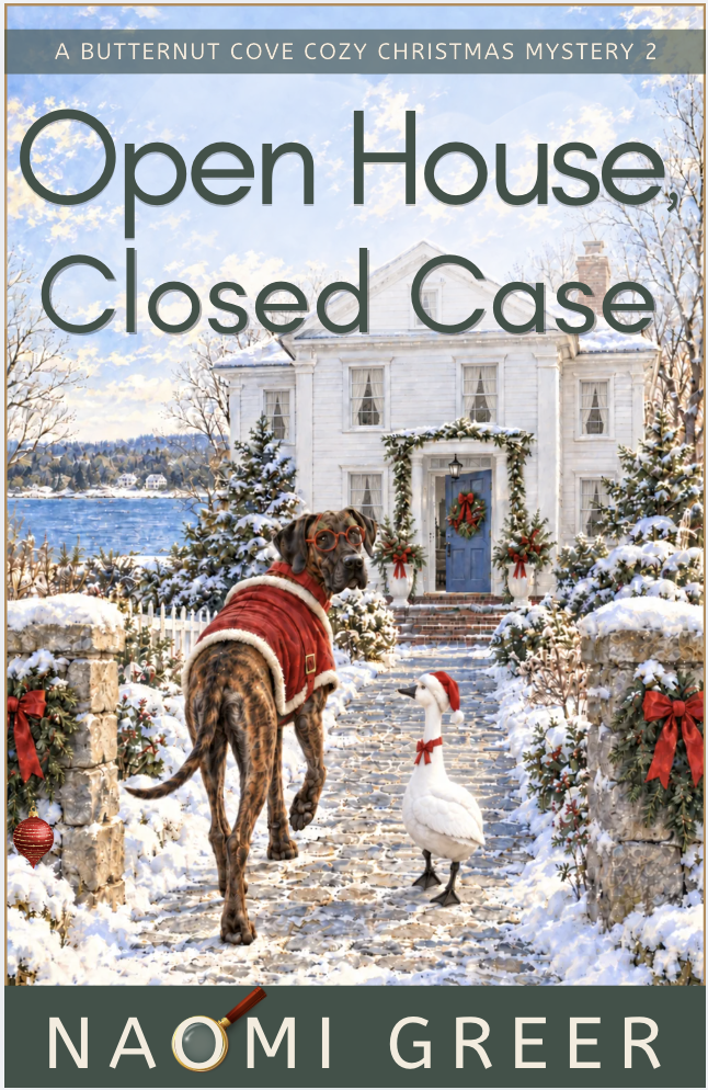 Open House, Closed Case by Naomi Greer, a Butternut Cove Christmas cozy mystery: a Great Dane and a goose on a snowy path by a decorated white house