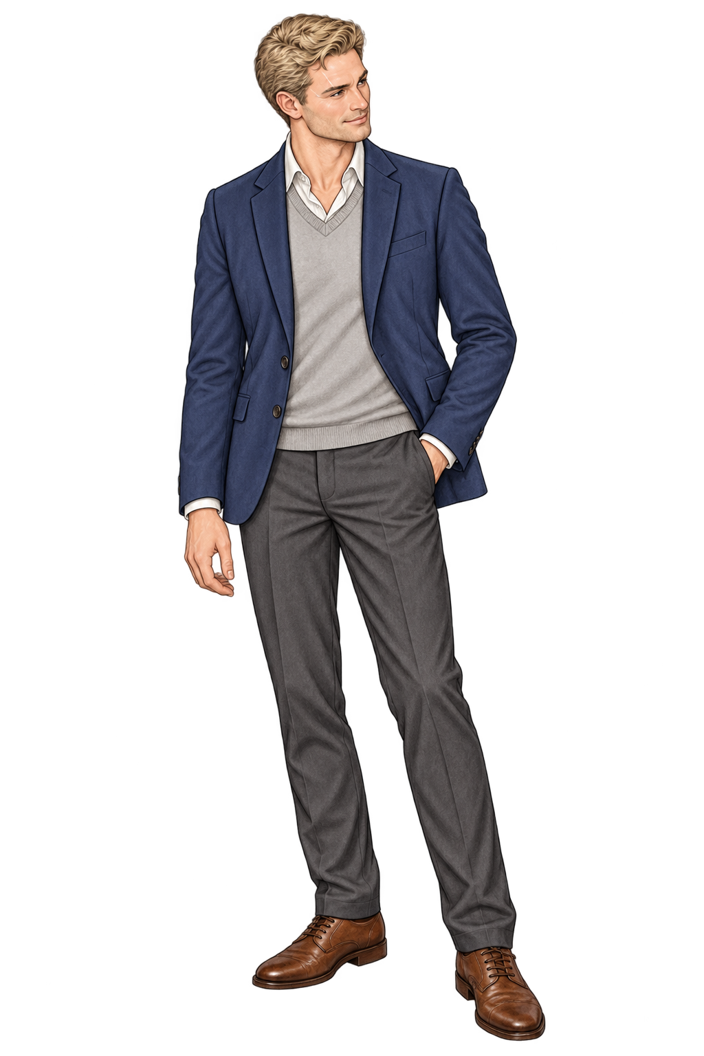 Sycamore Harbor: Andy Wurth in grey sweater, grey slacks and blue jacket.