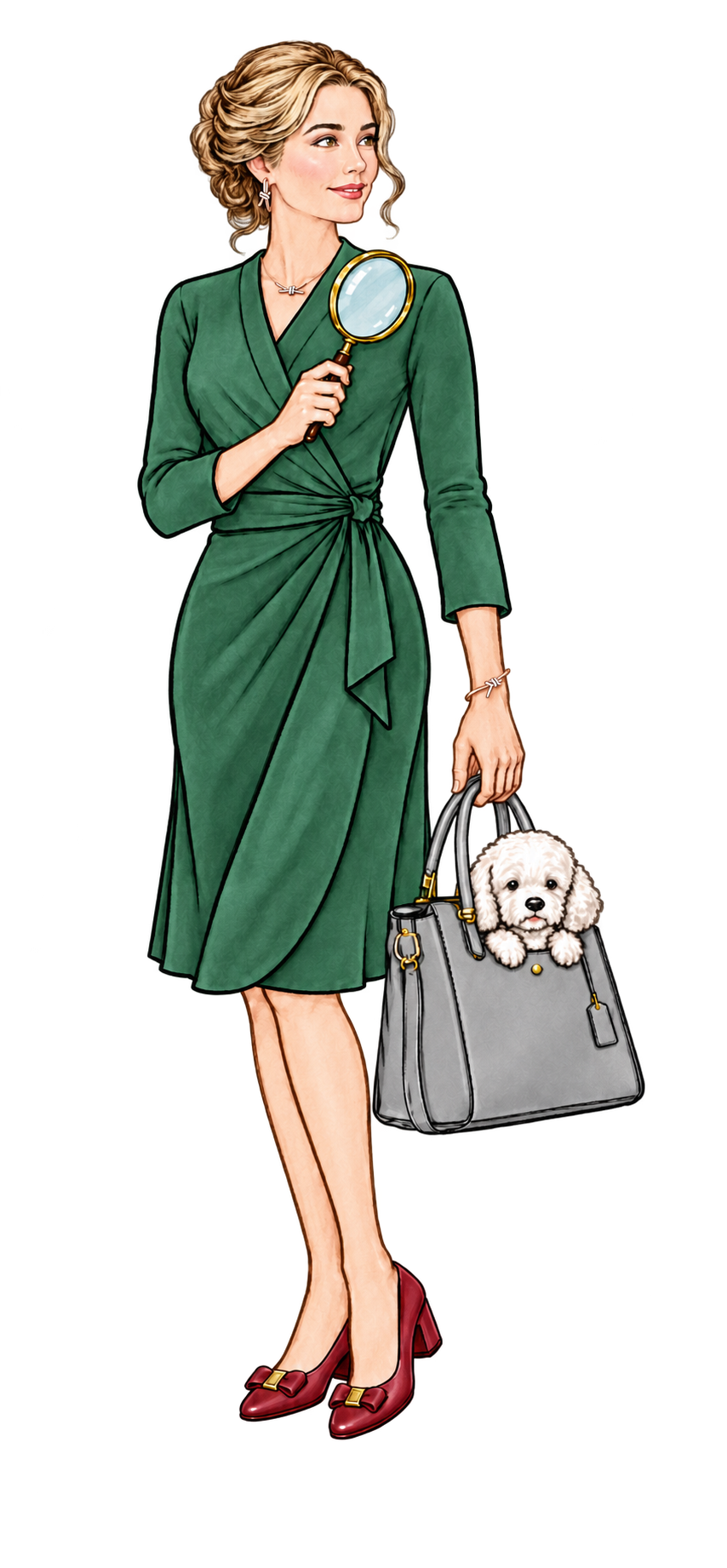 Jess Ryan in a green wrap dress holding a magnifying glass holding her carrying case with Bella her poodle peering out.