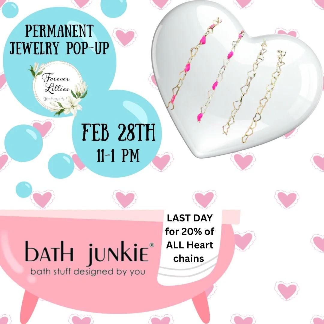💗 POP-UP ALERT 💗

Join Forever Lillies for a Permanent Jewelry Pop-Up at @bathjunkiebatonrouge on Saturday, February 28th from 11 AM &ndash; 1 PM!

✨ Create your own custom-fit, clasp-free bracelet, anklet, or necklace &mdash; welded just for YOU!
