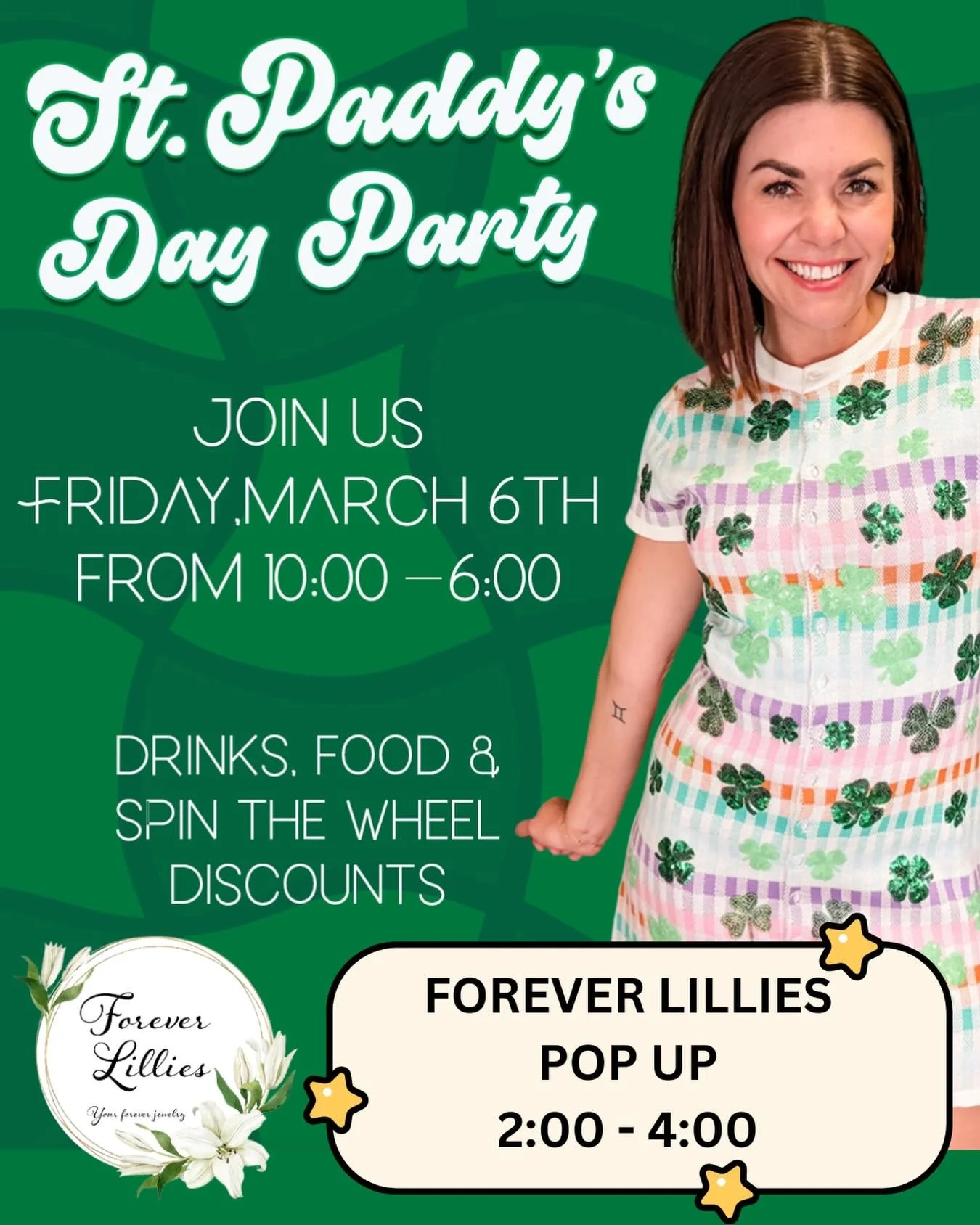 🍀✨ ST. PATTY&rsquo;S DAY POP-UP ✨🍀

We&rsquo;re bringing the sparkle to the party! 💚 Join @forever_lillies_jewelry for a permanent jewelry pop-up at @wanderlustbyabby  for their St. Patty&rsquo;s Day celebration!

📅 Friday, March 6th
⏰ Forever Li