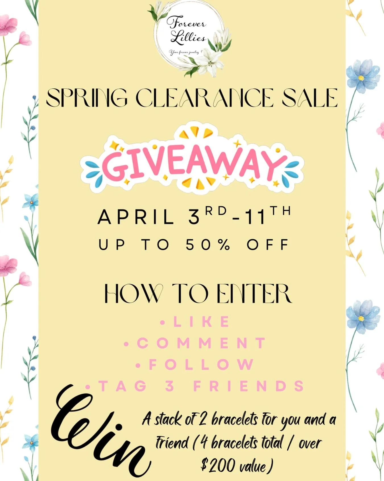 🌸 SPRING CLEARANCE SALE GIVEAWAY 🌸

To celebrate our Spring Clearance Sale, we&rsquo;re doing a GIVEAWAY! One lucky winner will receive a stack of 2 permanent bracelets for you AND a friend (4 bracelets total &ndash; over $200 value)!

Giveaway run