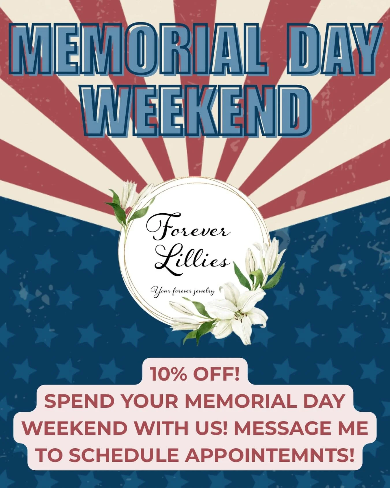 🇺🇸✨ Memorial Day Weekend plans = matching permanent jewelry with your favorite people! ✨🇺🇸

Celebrate the long weekend with Forever Lillies and enjoy 10% OFF all permanent jewelry appointments! Whether you&rsquo;re wanting a new everyday bracelet