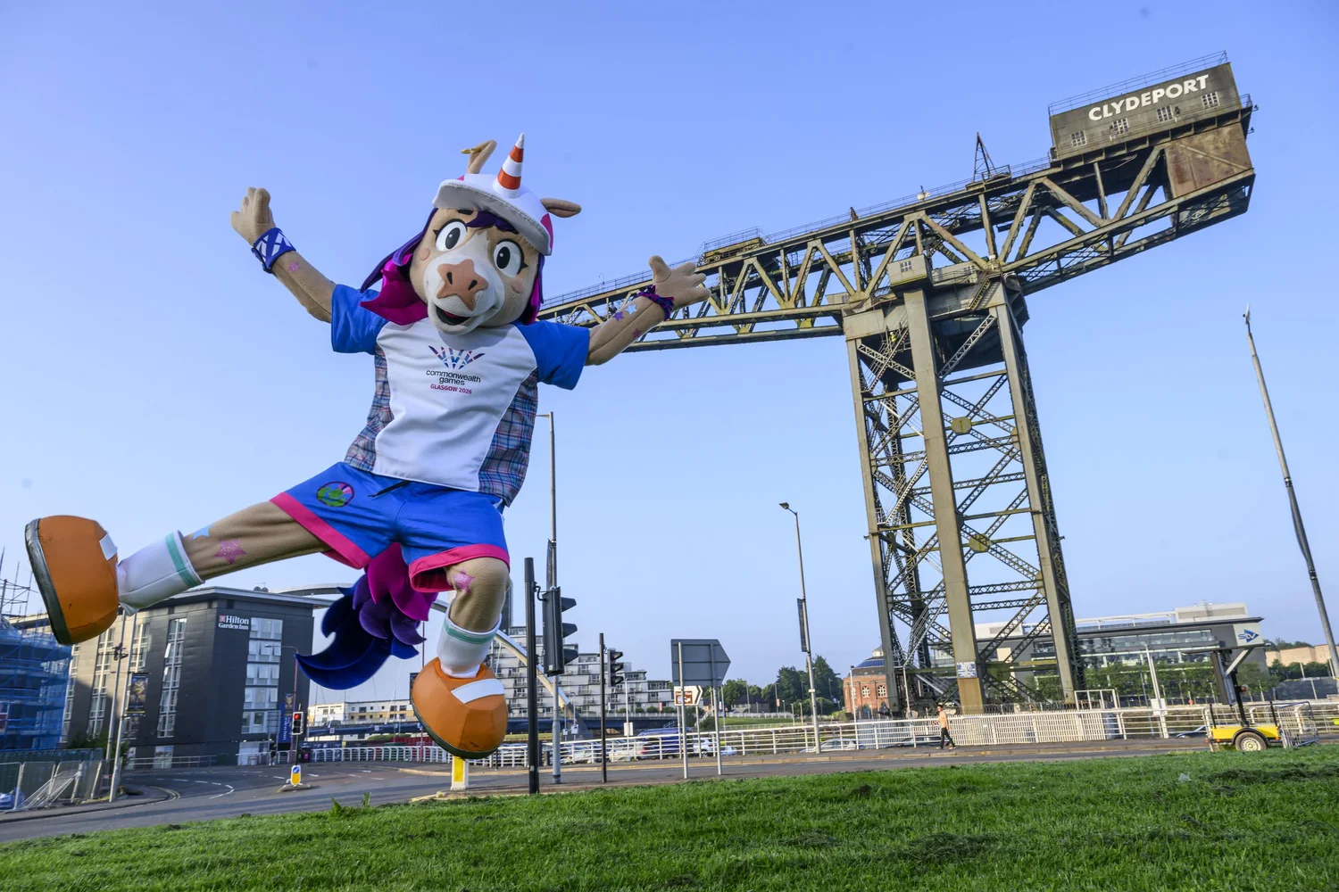 Finnie mascot with crane