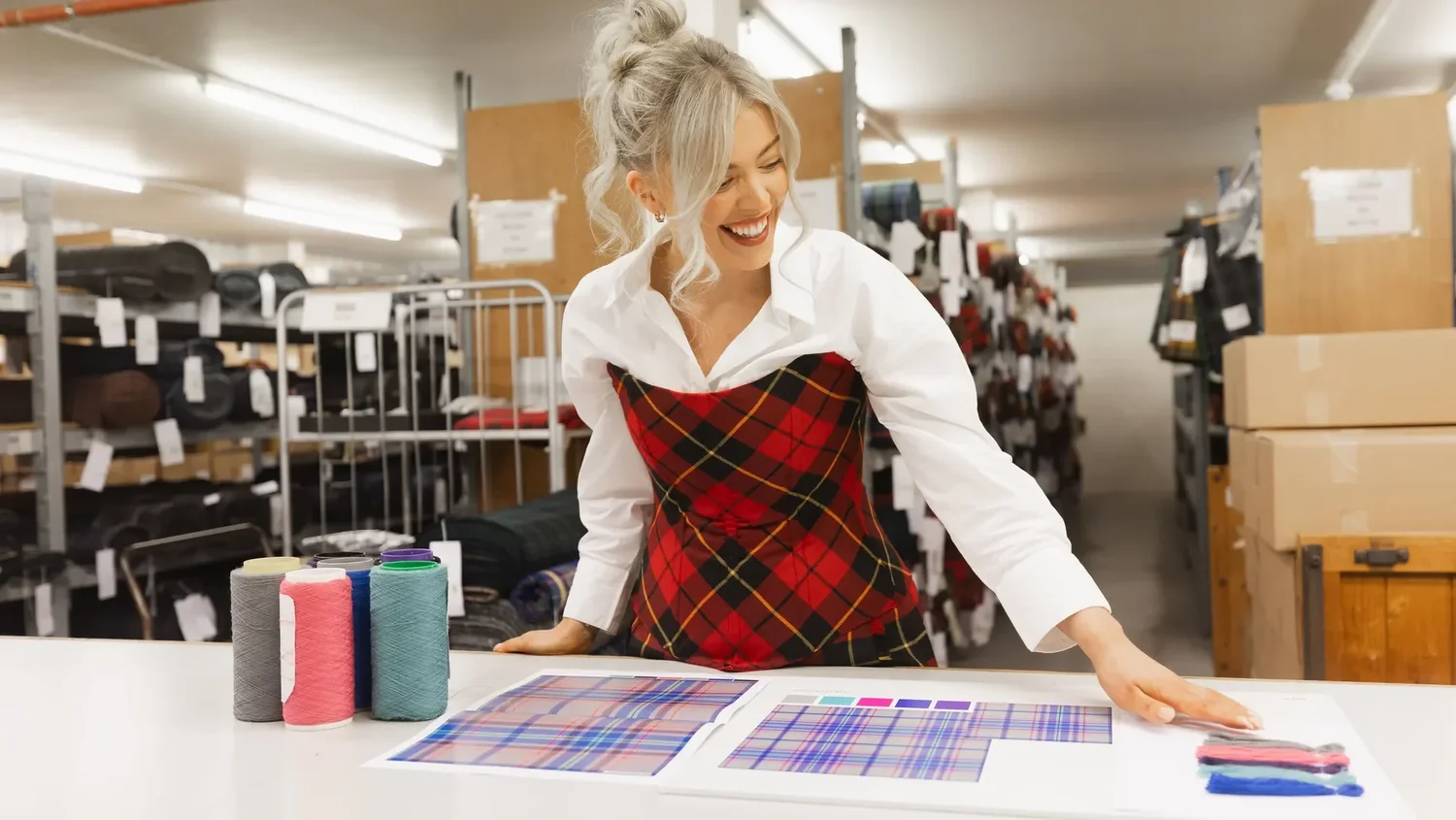 Siobhan McKenzie selecting tartan colours