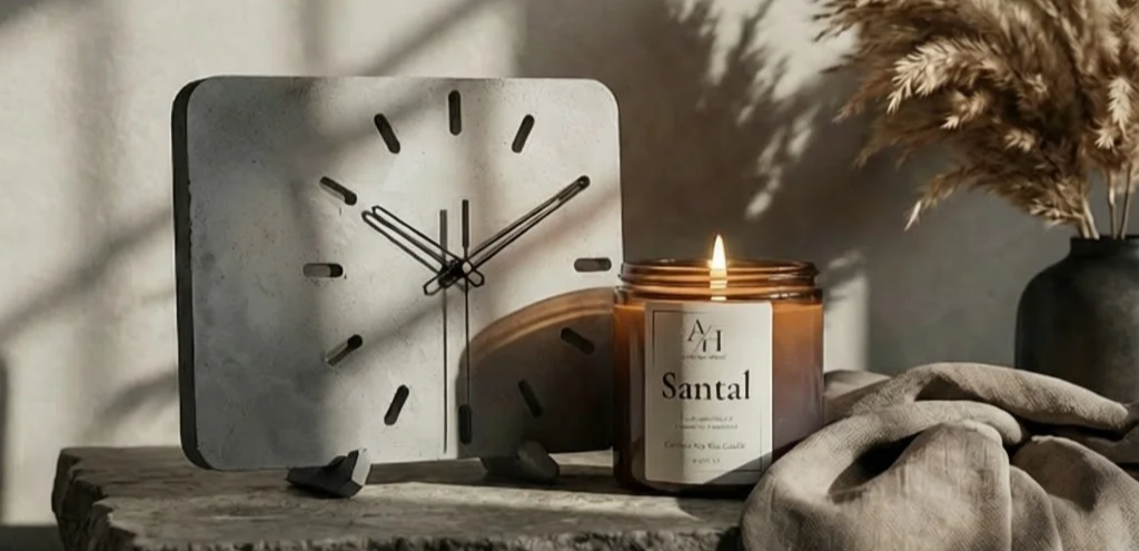 A square wall clock with black hour and minute hands, a thin black second hand, and simple black hour markers, placed next to a lit candle labeled "Santal" on a rustic wooden surface, with a black vase containing dried pampas grass in the background.