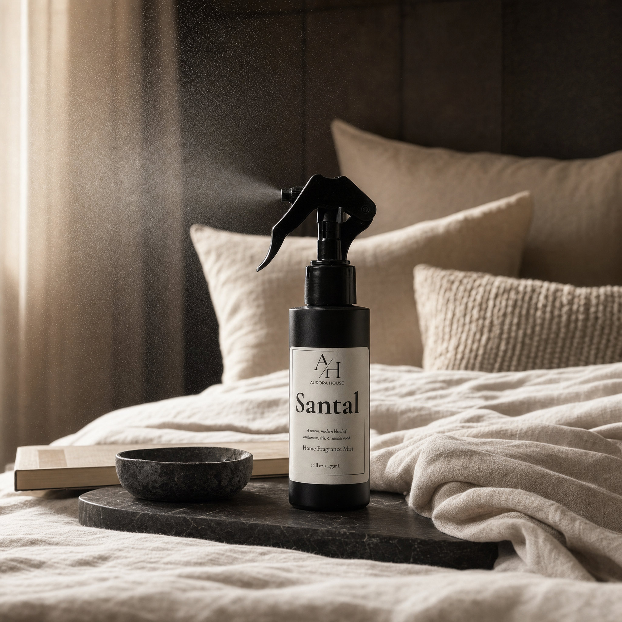 Aurora House Santal home fragrance mist styled on a modern bed with soft neutral linens and warm ambient lighting.