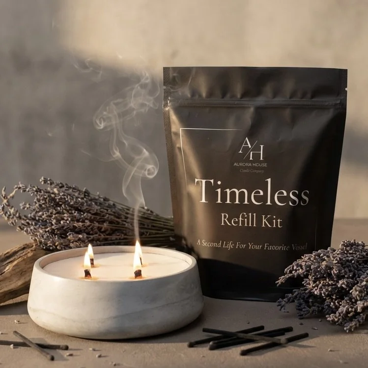 A scented candle with two lit wicks, a black refill kit package labeled "Timeless Refill Kit" from Aurora House, and dried lavender sprigs.