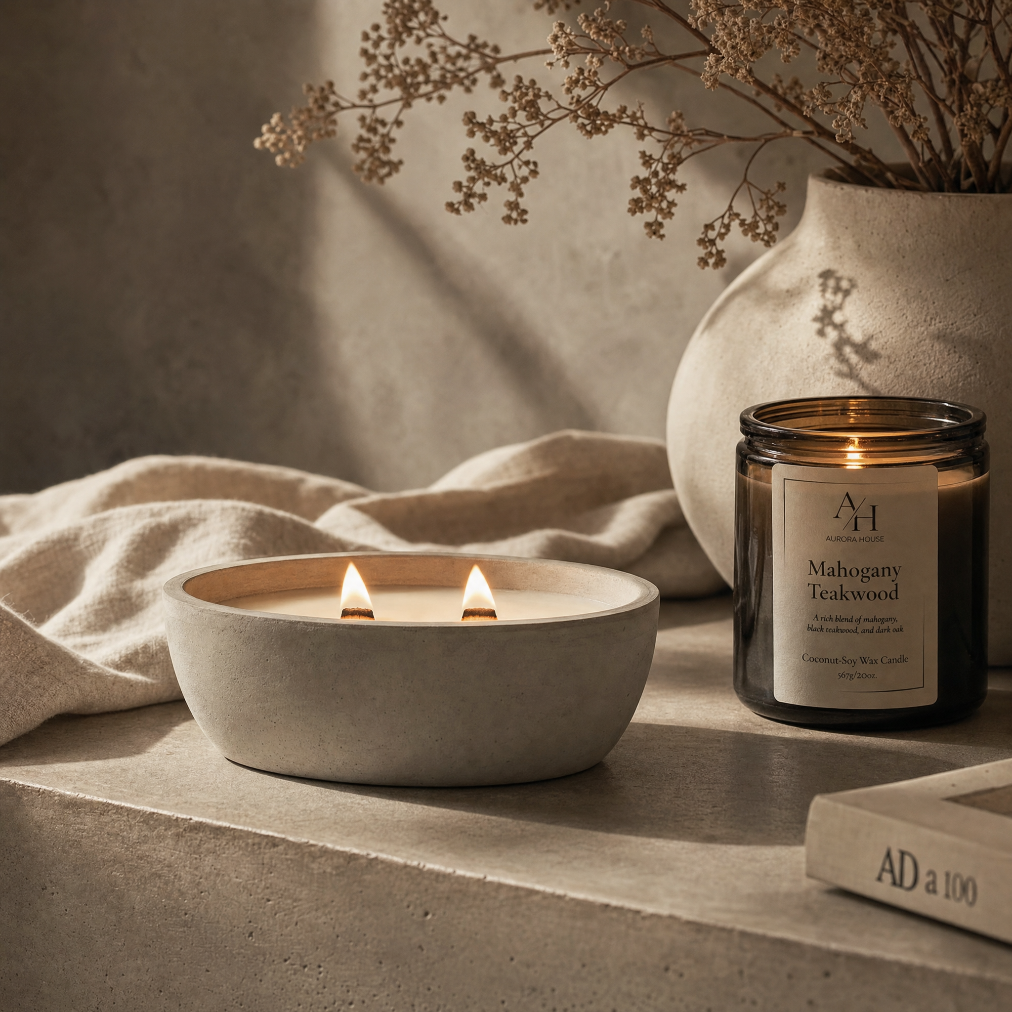 Aurora House Nova Bowl on moody concrete table with linens