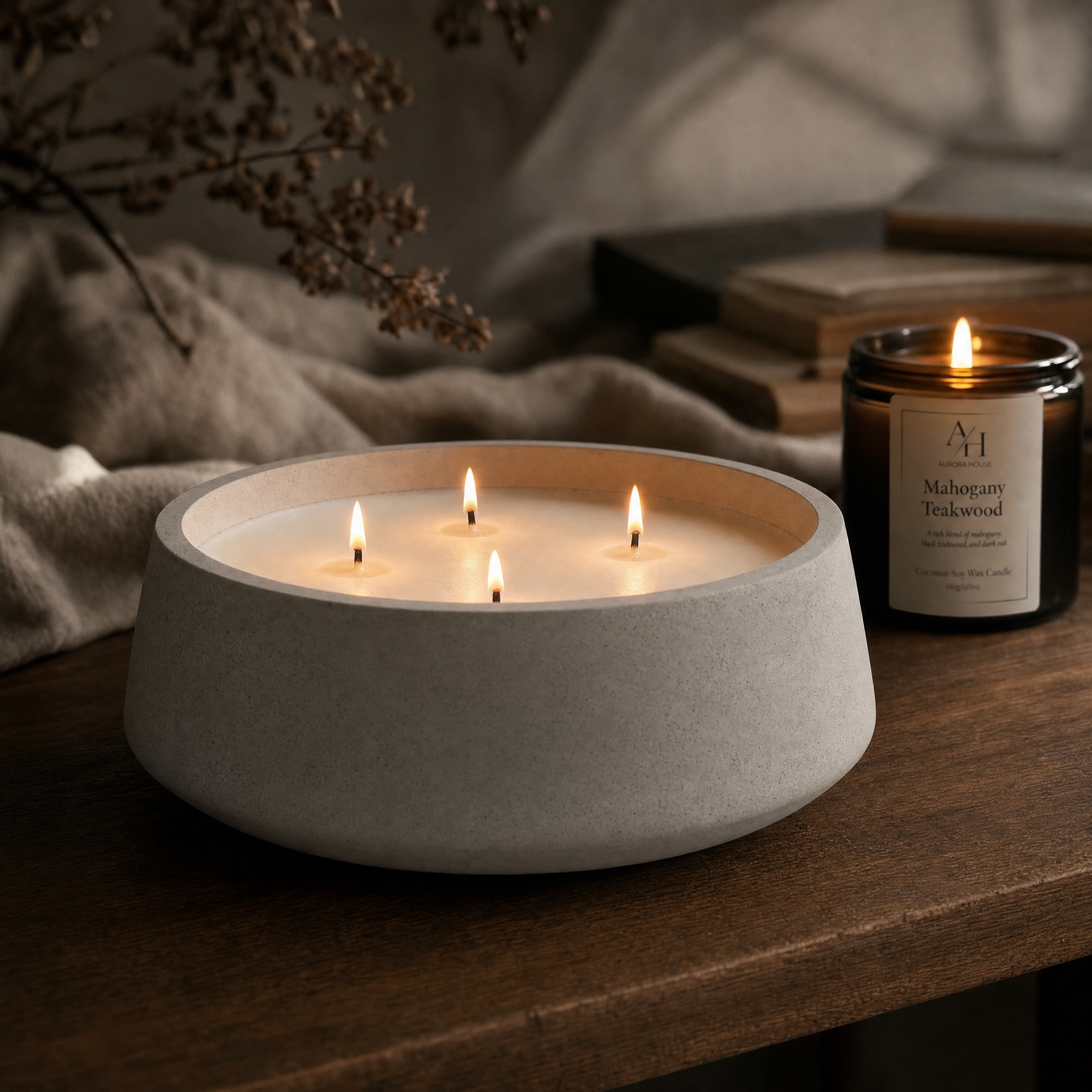 Large sculptural concrete candle bowl styled in a warm luxury interior with candlelight and layered neutral textures.