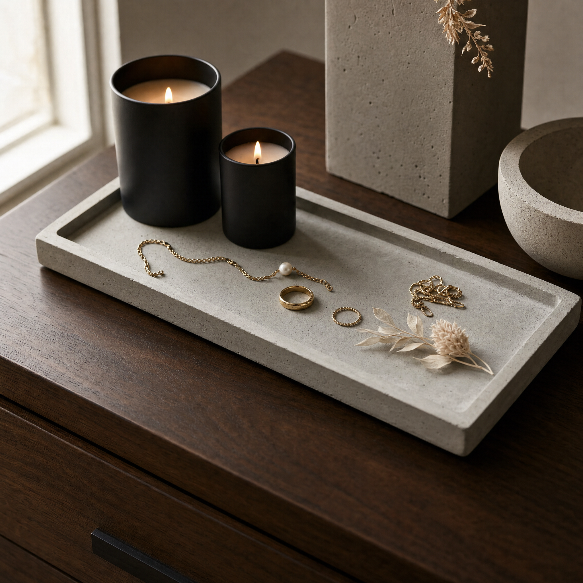 Aurora House Linea Tray styled on a modern coffee table with candles and architectural decor accents.