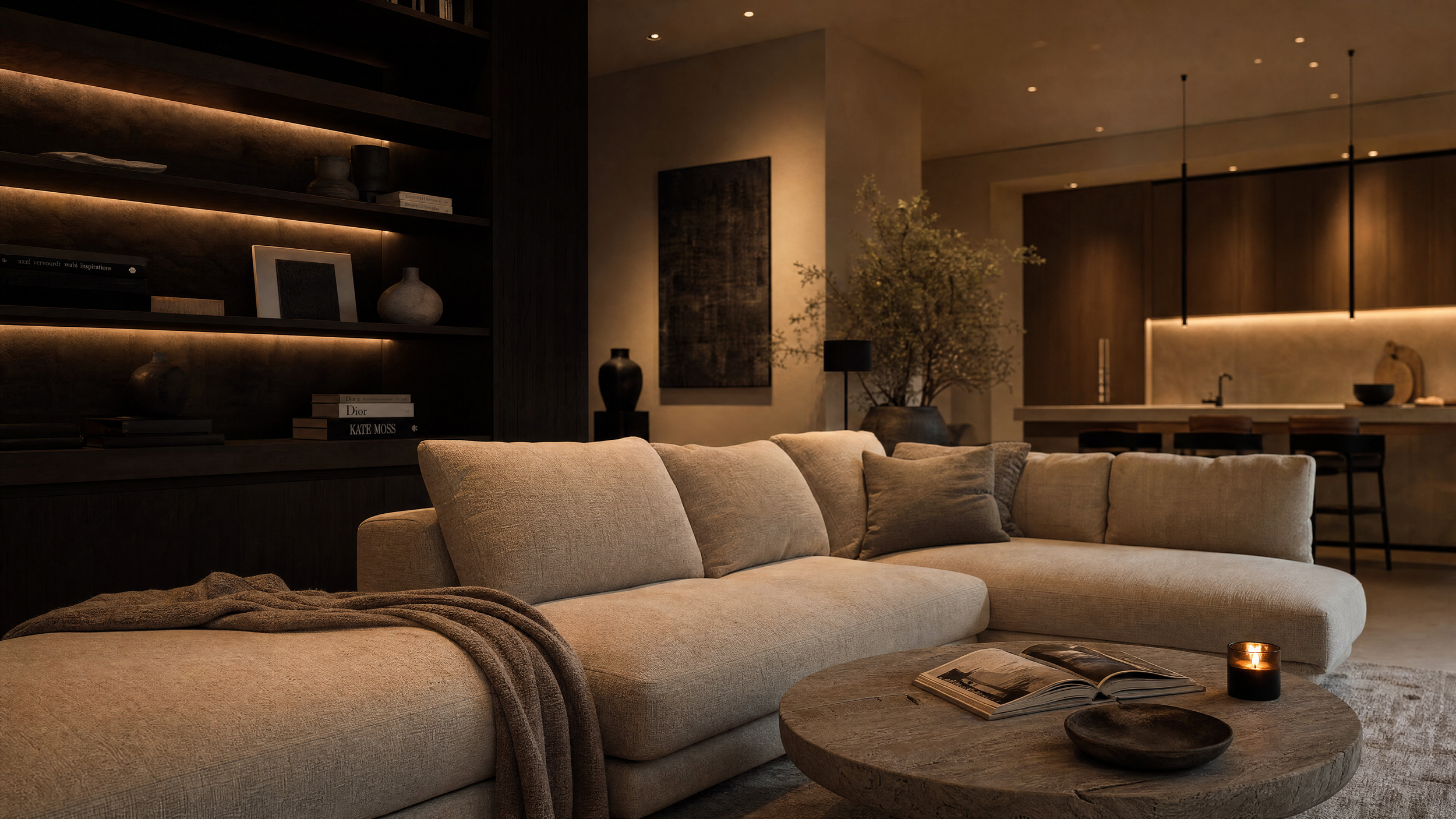 A cozy, modern living room with a large beige sectional sofa, a wooden coffee table with a book and a candle, and a dark wooden bookshelf with decorative items and books. The background includes a kitchen area with bar stools, dark wood cabinets, and pendant lights, with warm ambient lighting creating an inviting atmosphere.