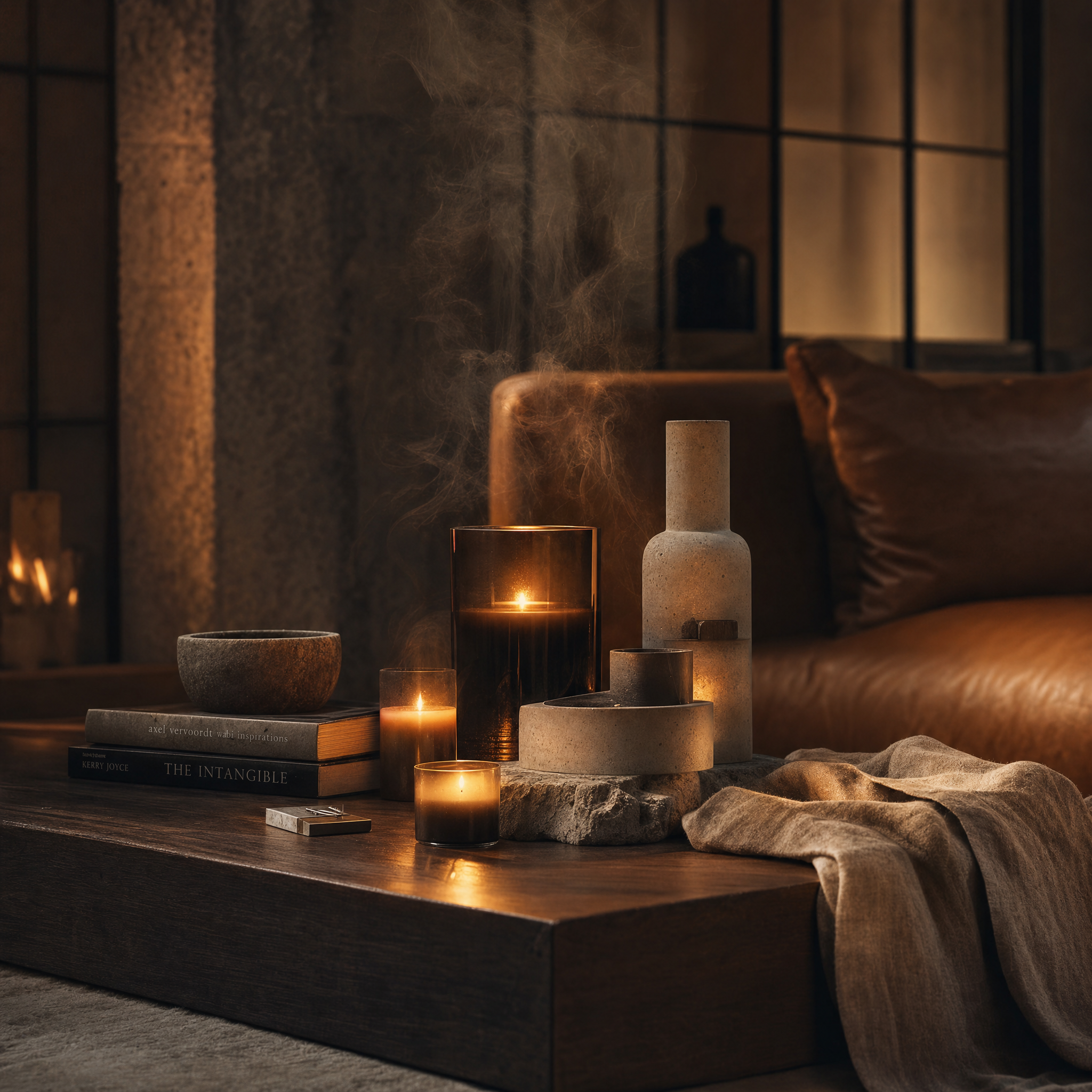 Warm candlelit luxury interior with dark wood textures and rich neutral decor inspired by the cozy atmosphere of the Spicy Vanilla fragrance.