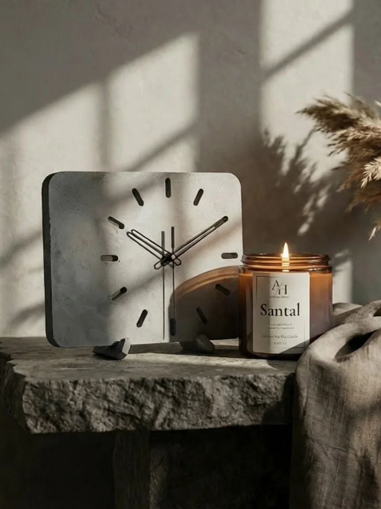 A square wall clock and a lit candle in a brown jar on a rustic wooden table, with sunlight and shadows cast on the wall behind them. A beige cloth and dried plants are partially visible beside them.
