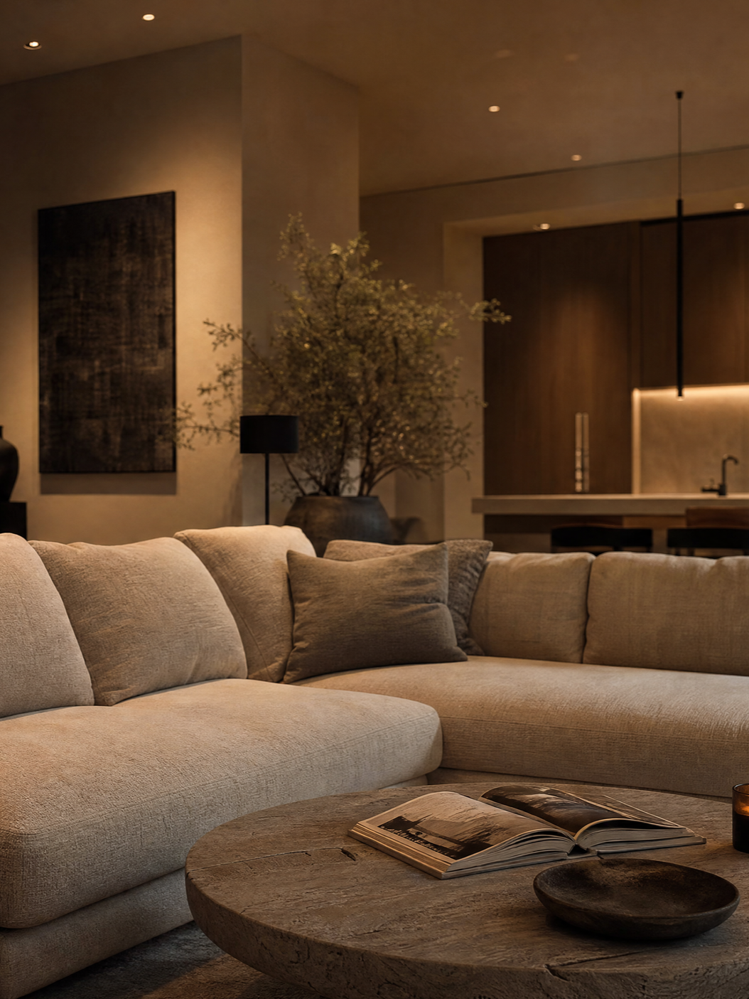 Living room with beige sectional sofa, pillows, a wooden coffee table with an open book and a bowl, a large potted tree, dark wall art, and modern decor in a dimly lit space.