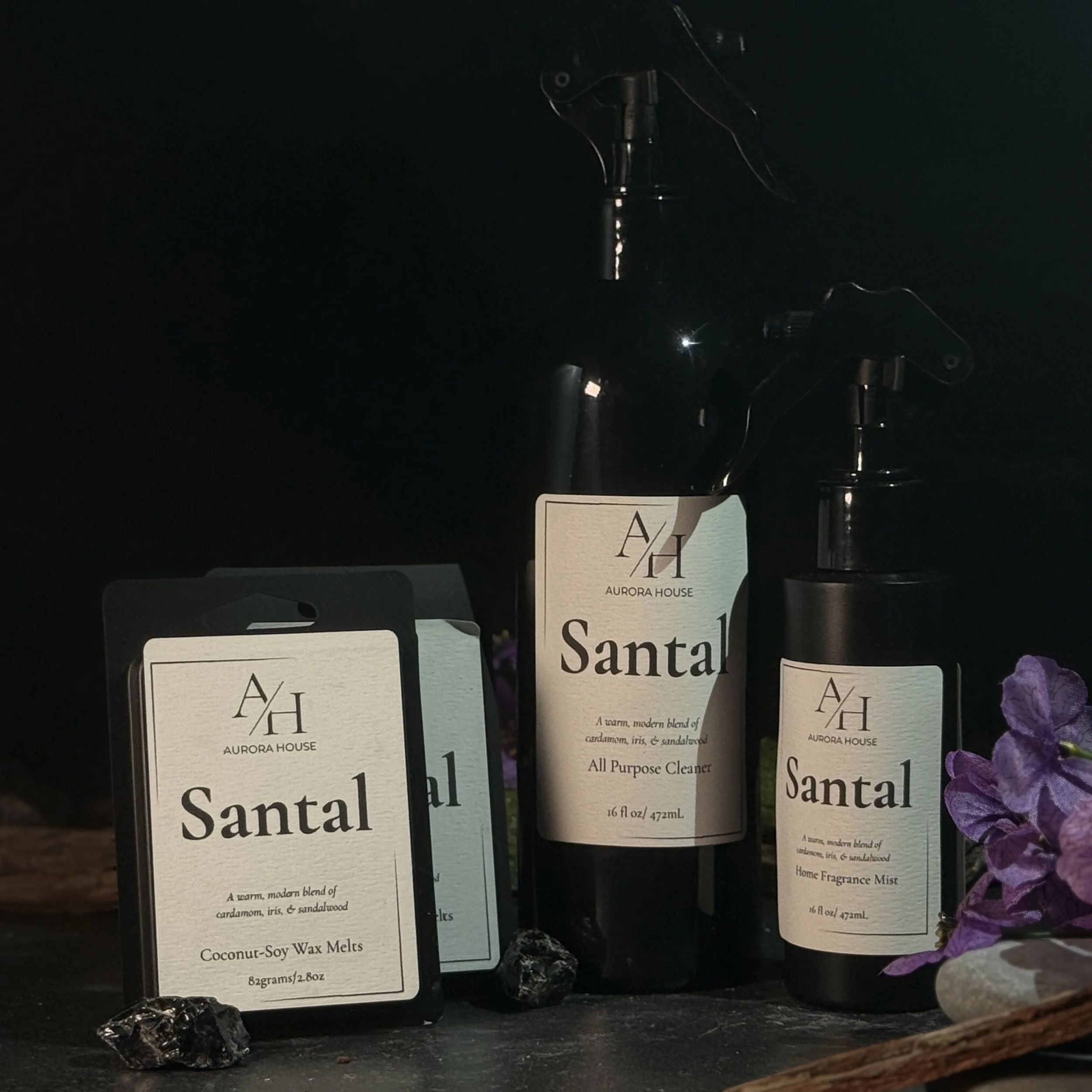 Aurora House Home Harmony Set in Santal including wax melts, all purpose cleaner, and home fragrance mist
