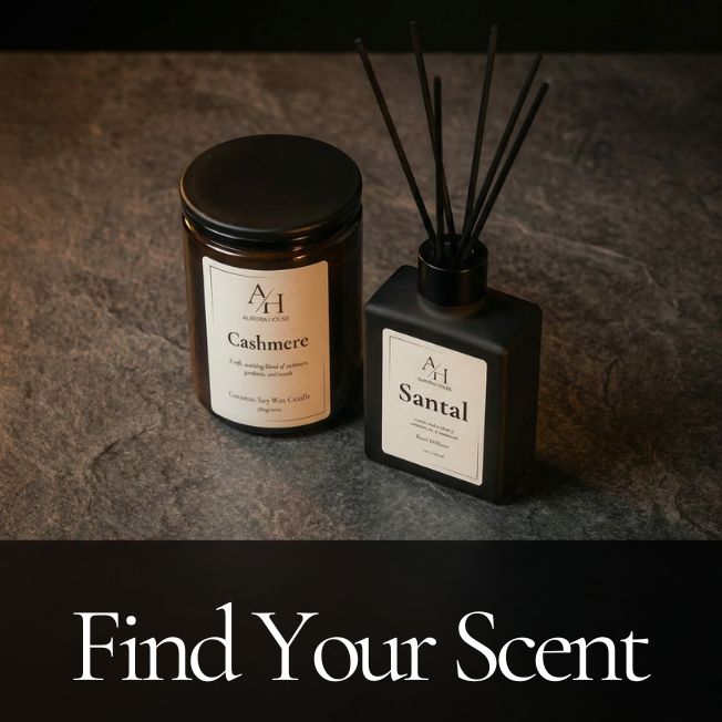 Aurora House reed diffuser and 20oz candle on slate tile