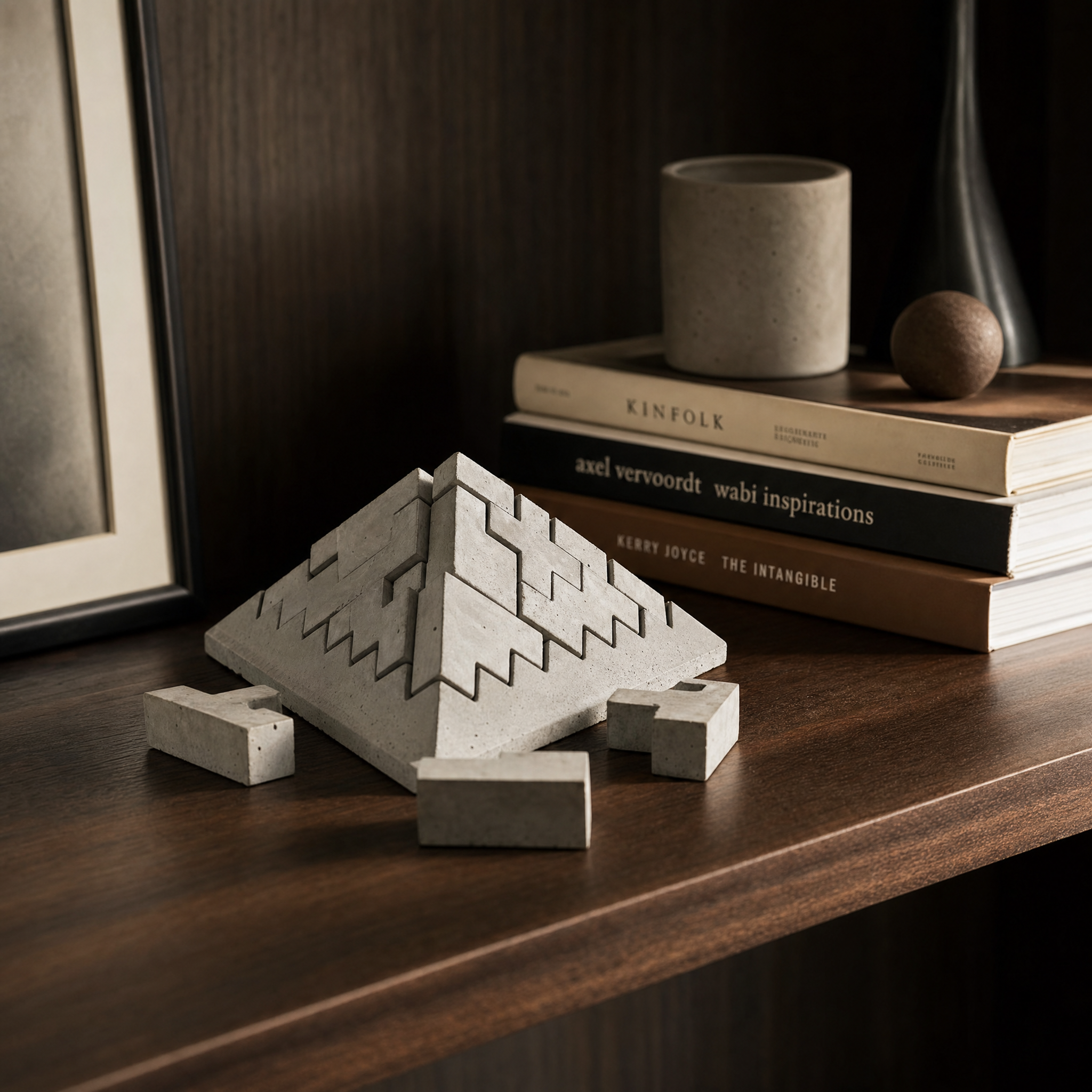 Geometric concrete pyramid decor displayed on a dark shelf beside books and minimalist decor accents.