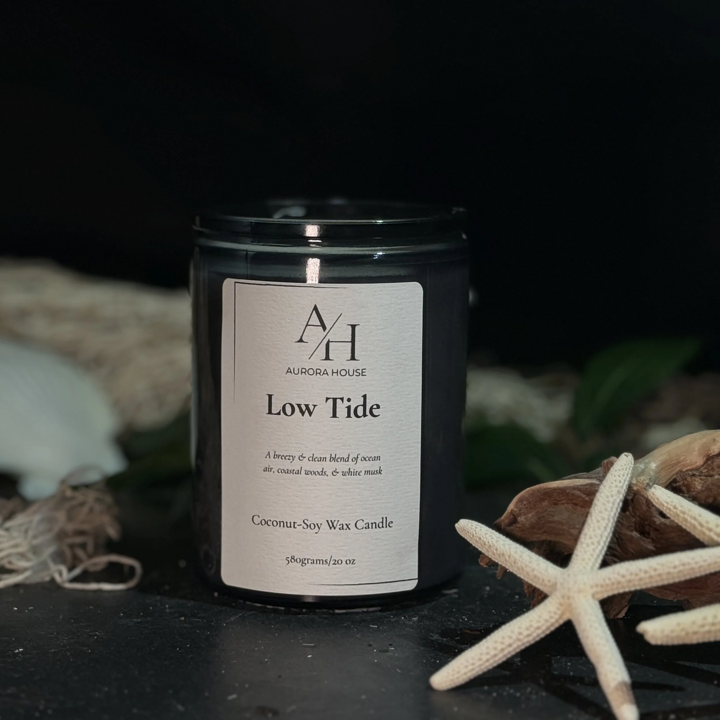 Aurora House 12oz candle Low Tide with star fish and beachy accents