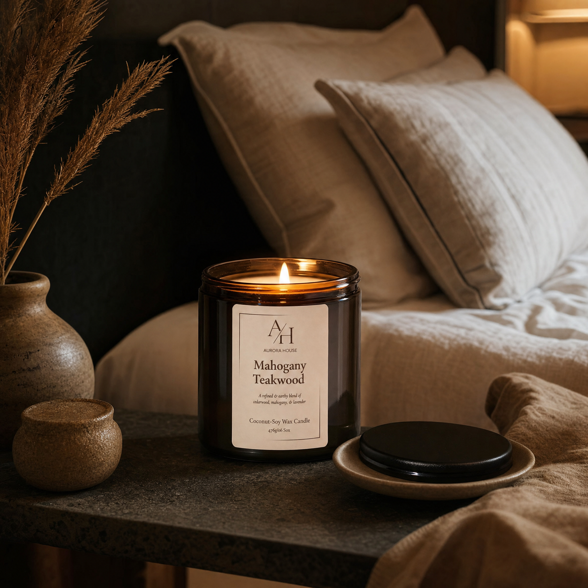 Luxury Aurora House Mahogany Teakwood 15oz candle styled on a dark stone bedside table in a modern moody bedroom with soft neutral linens and warm ambient lighting.