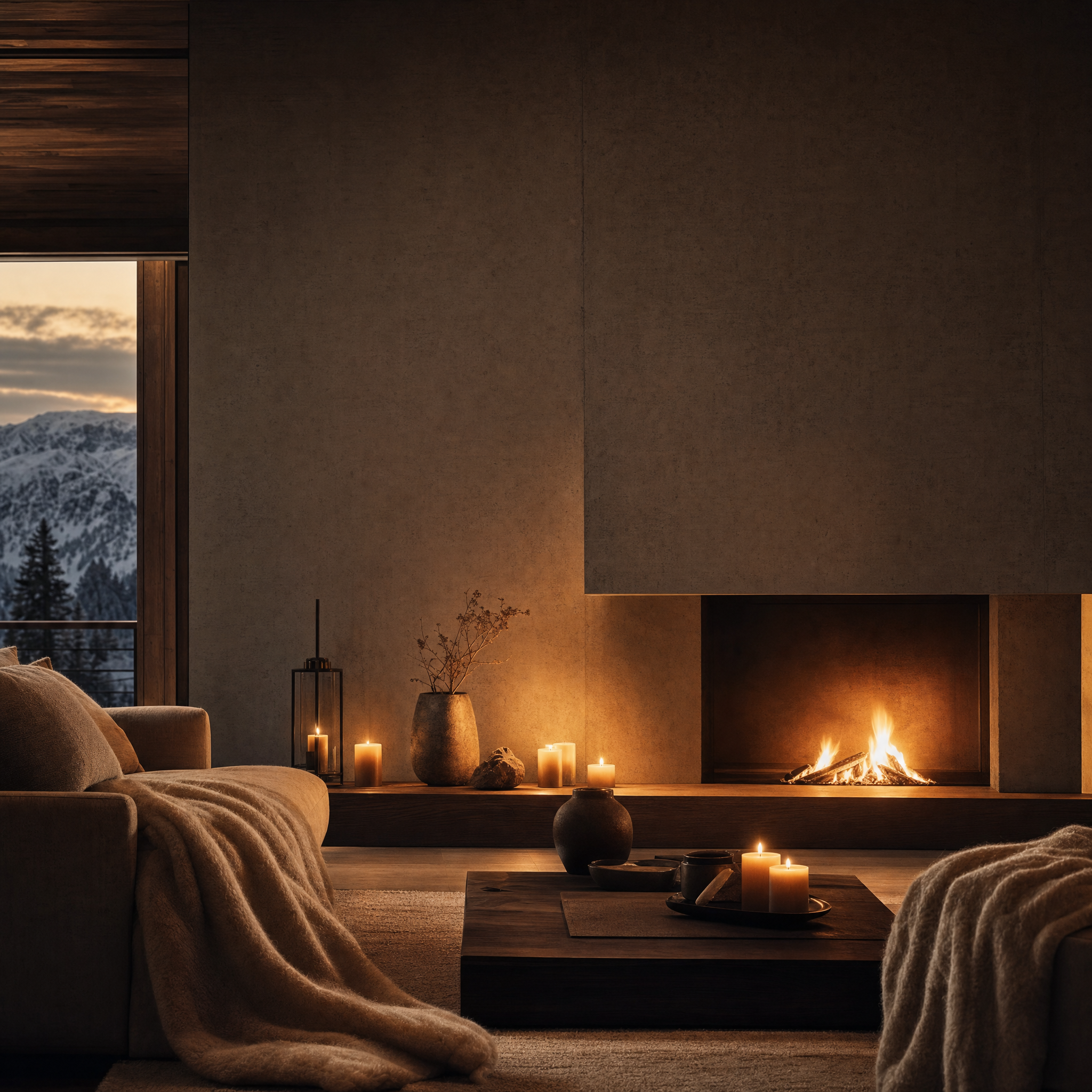 Luxury cozy interior with candlelight, fireplace glow, and warm neutral textures inspired by the inviting atmosphere of the Golden Hearth fragrance.