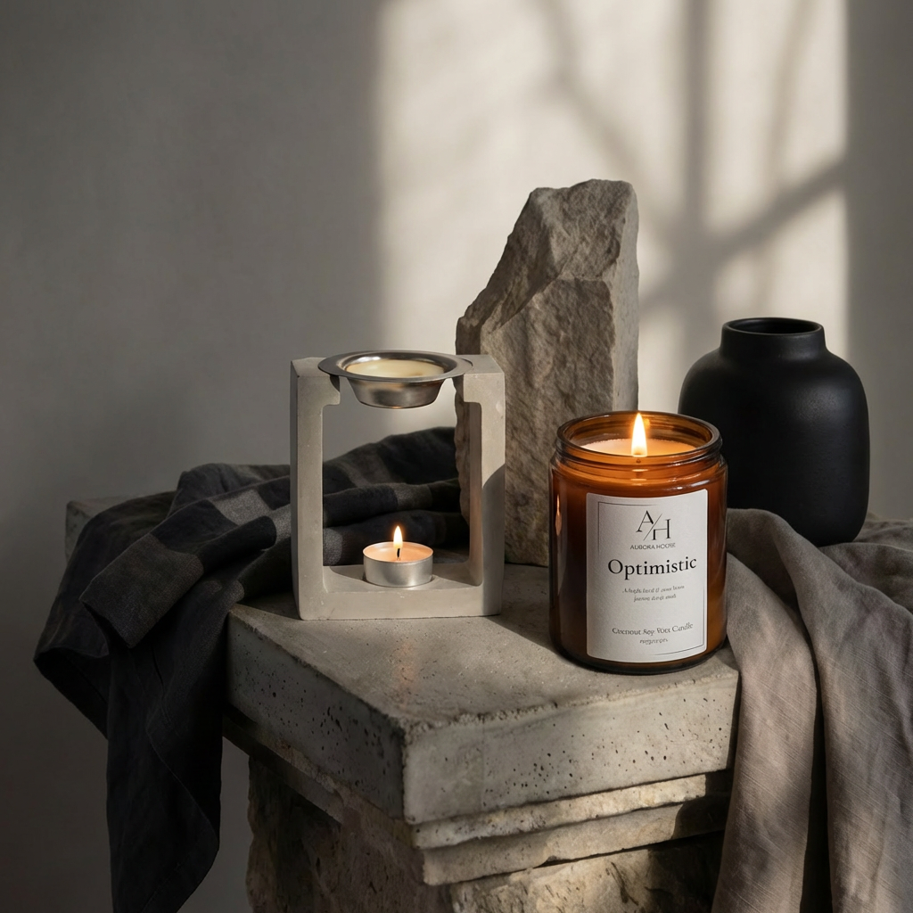 A lit candle labeled 'Optimistic' on a concrete surface next to a black vase, a stone, and a white candle holder with a small candle inside, with fabric draped over the edge and a soft shadowed background.