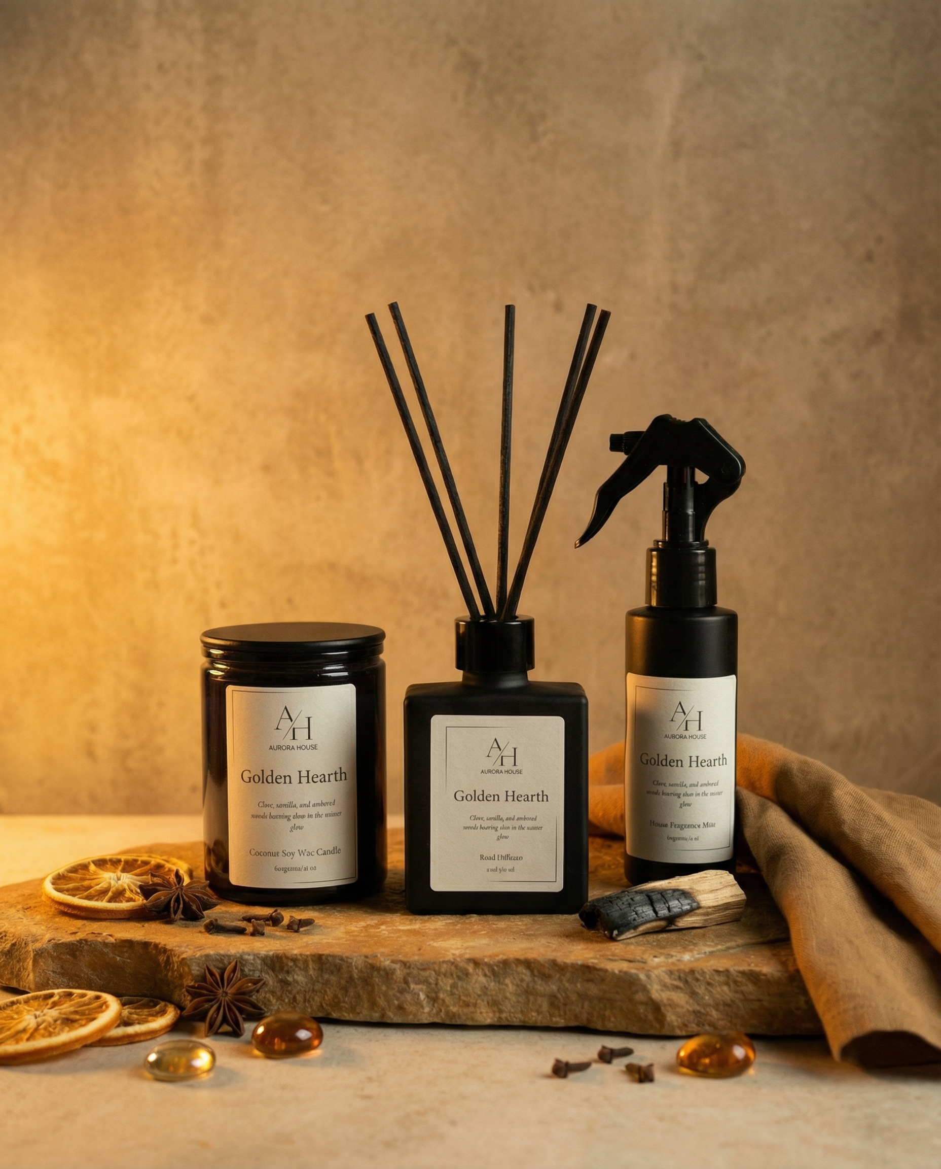 Golden Hearth candle, reed diffuser, and home fragrance mist styled on warm stone with amber and spice accents.