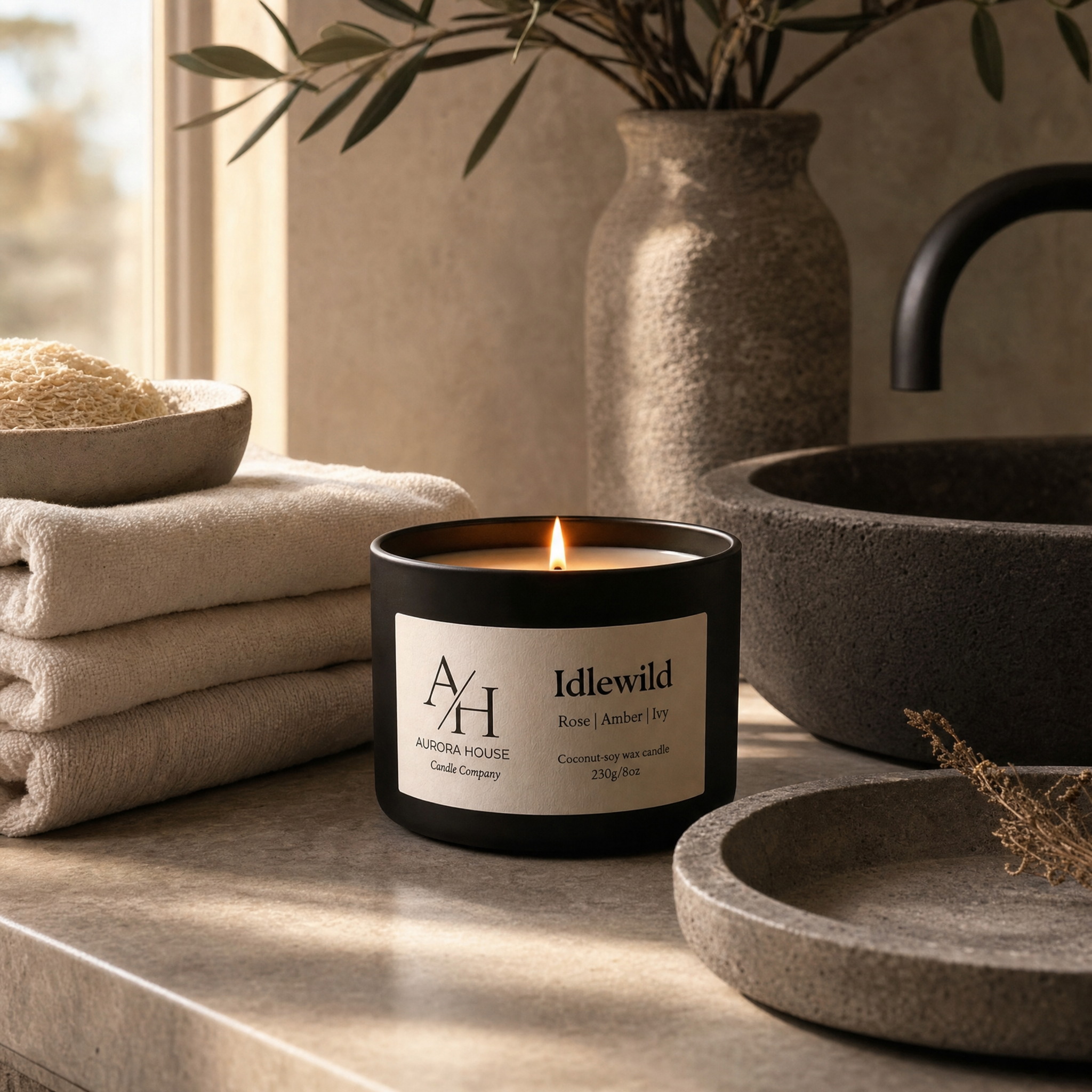 Small Aurora House 8oz Idlewild luxury candle styled on a modern bathroom vanity with folded linen towels and soft ambient lighting.