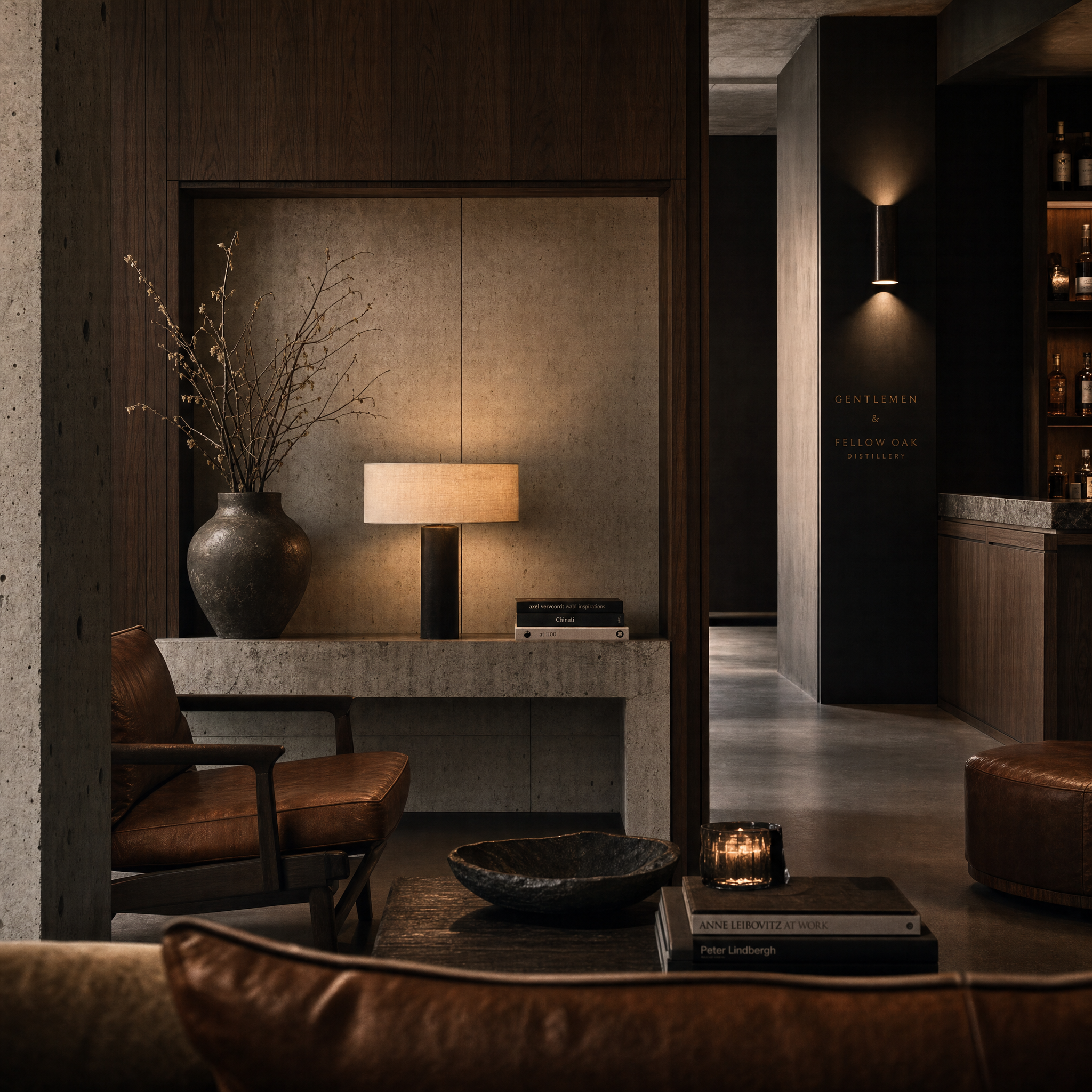 Upscale hotel-inspired interior with dark wood and warm ambient lighting inspired by the bold and refined mood of the Mahogany Teakwood fragrance.