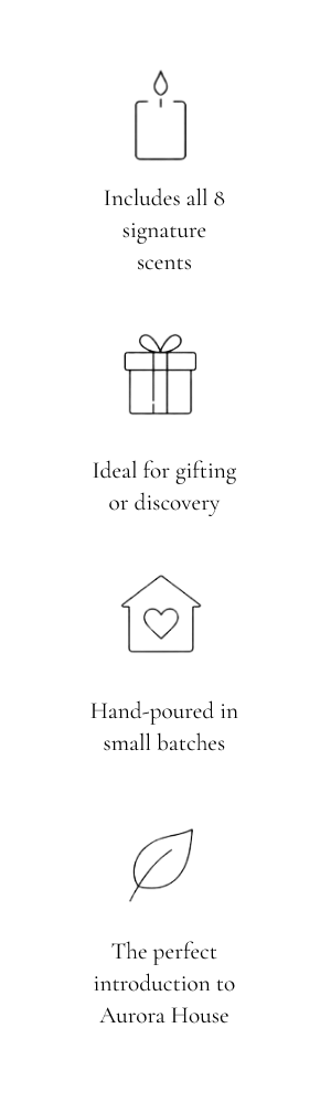 Icons of a candle, gift box, house with heart, and leaf.