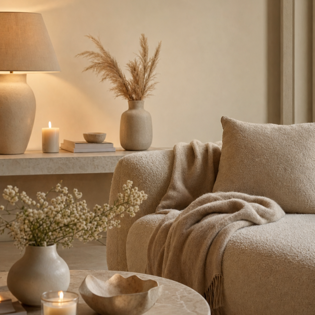 Cozy living room corner with a beige upholstered sofa, soft blanket and pillows, a marble coffee table with a vase of white flowers, lit candles, a table lamp, and decorative vases with dried plants on a shelf.