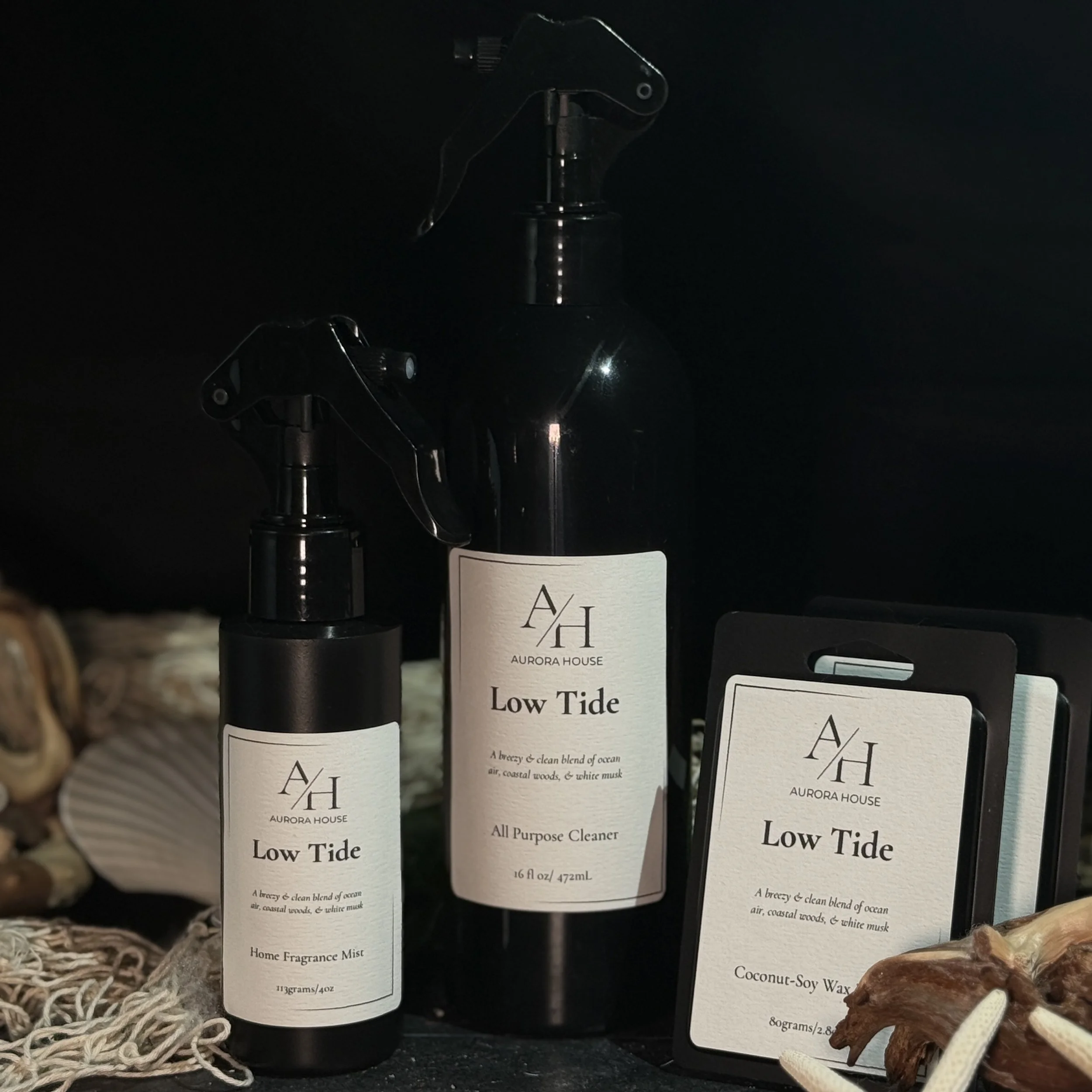 Aurora House Home Harmony Set in Low Tide including wax melts, all purpose cleaner, and home fragrance mist