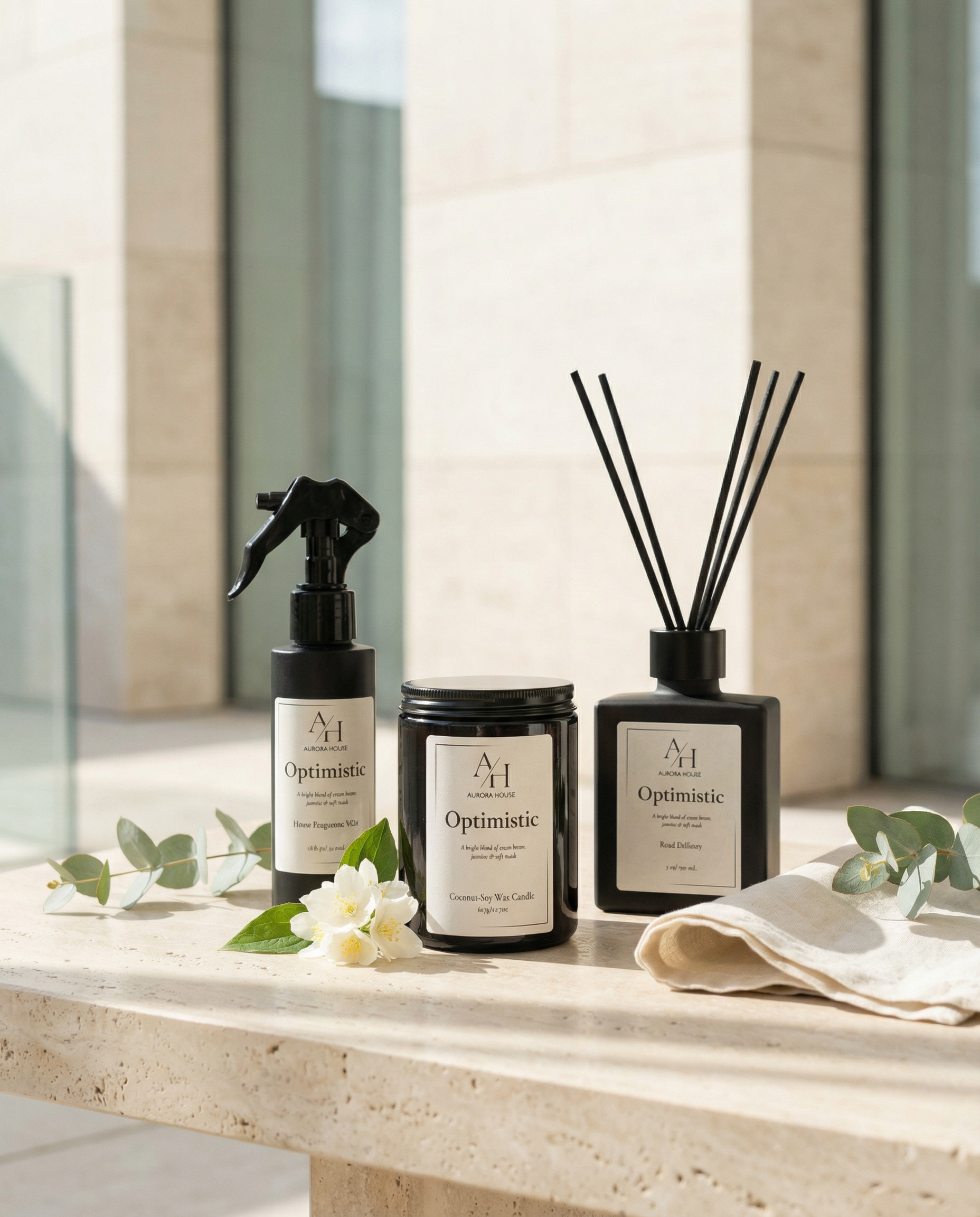 Optimistic candle, reed diffuser, and fragrance mist styled on light stone with greenery and bright natural light.