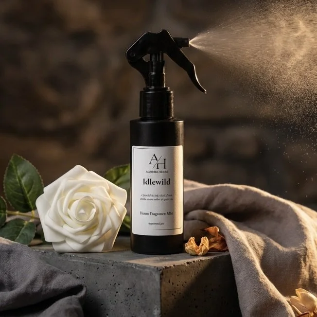 A black spray bottle labeled 'Idlewild Honey Fragrance Mist' with spray mist coming out, placed on a concrete surface alongside a white rose, green leaves, and some dried orange peels, with a beige fabric backdrop.