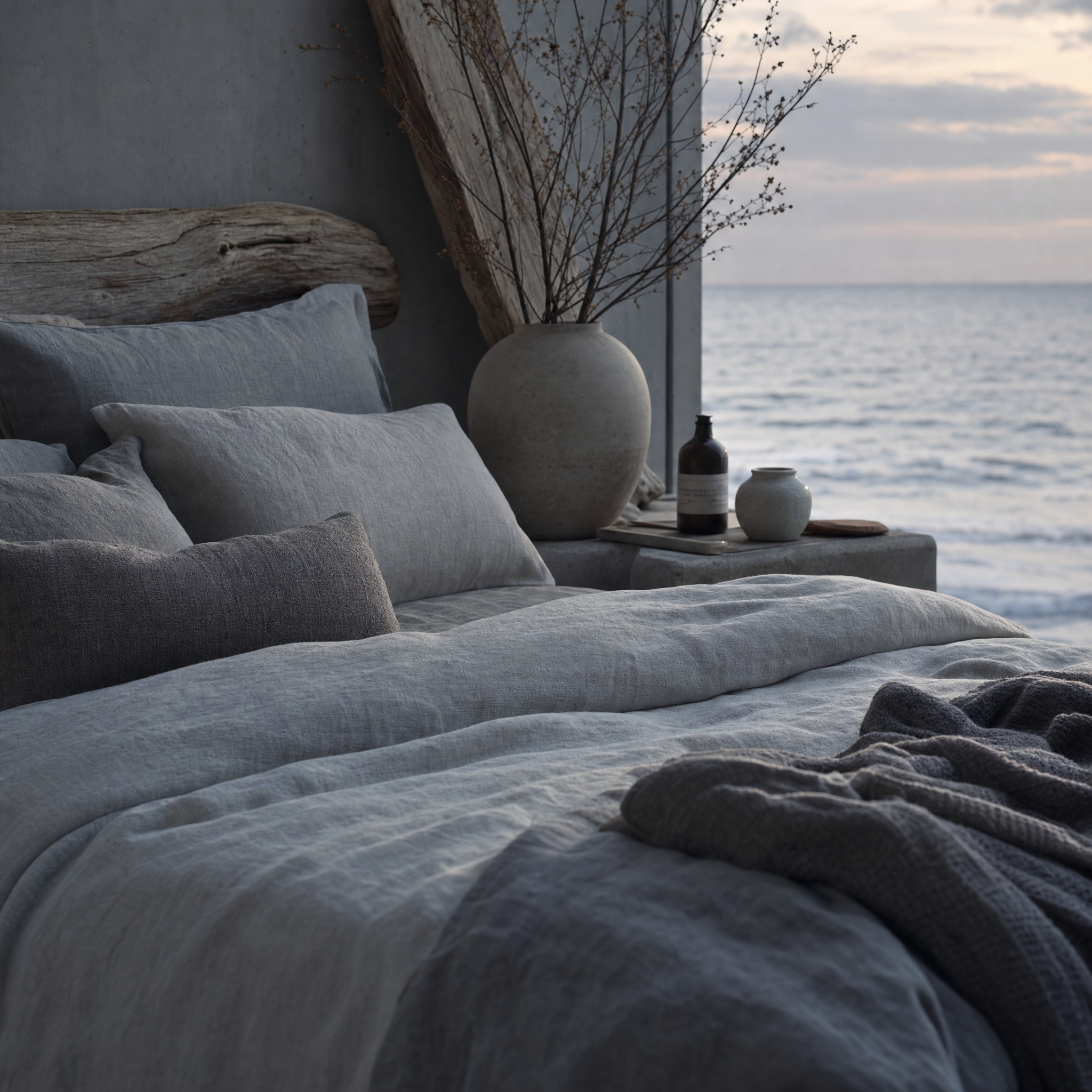 Luxury coastal interior with driftwood textures and soft gray-blue tones inspired by the calm atmospheric mood of the Low Tide fragrance.