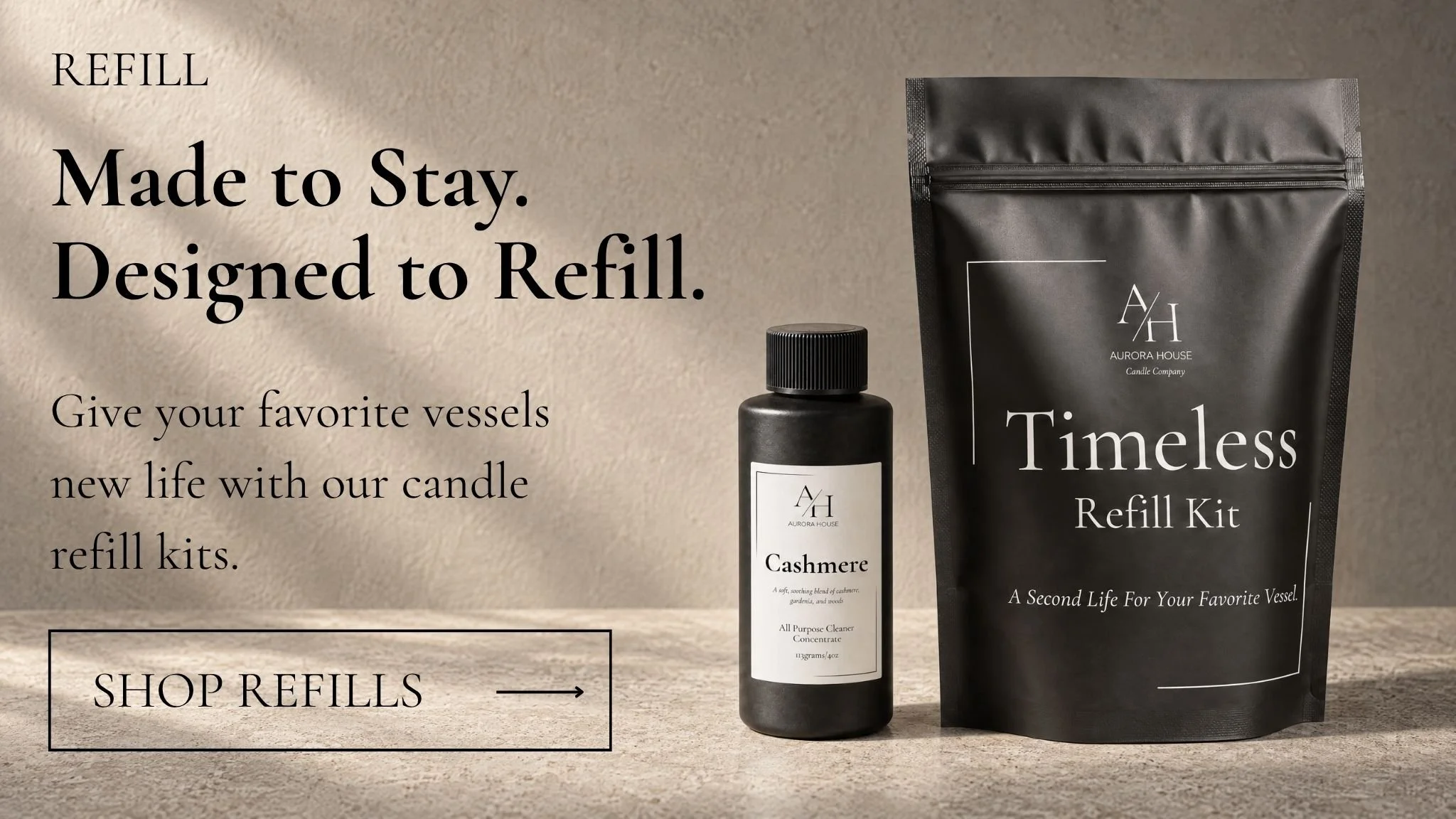 Aurora House candle refill kits for reusable handcrafted concrete vessels, offering a way to refresh your favorite candles without replacing the decorative container.
