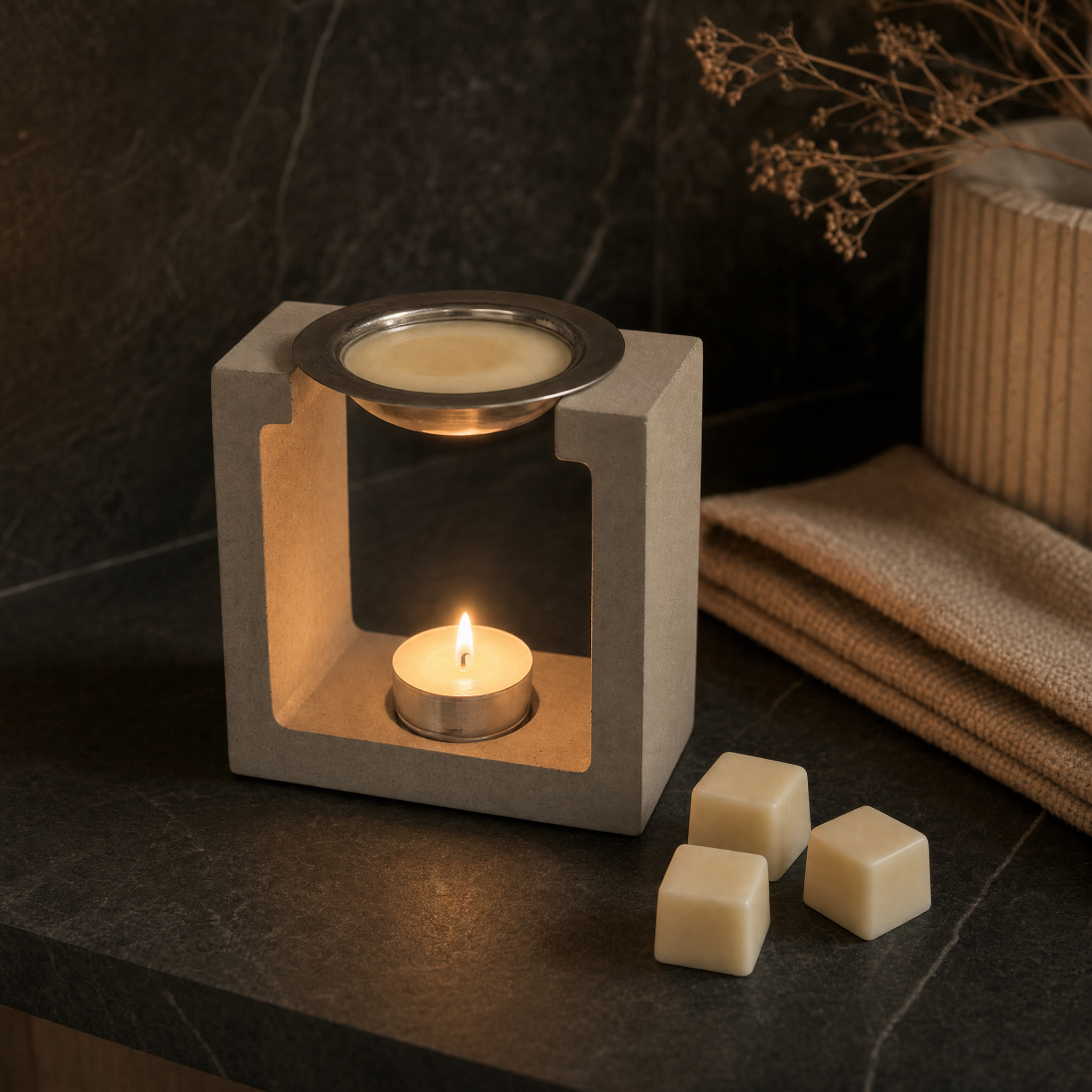Aurora House Foundry Burner handcrafted from concrete with modern square minimalist styling.