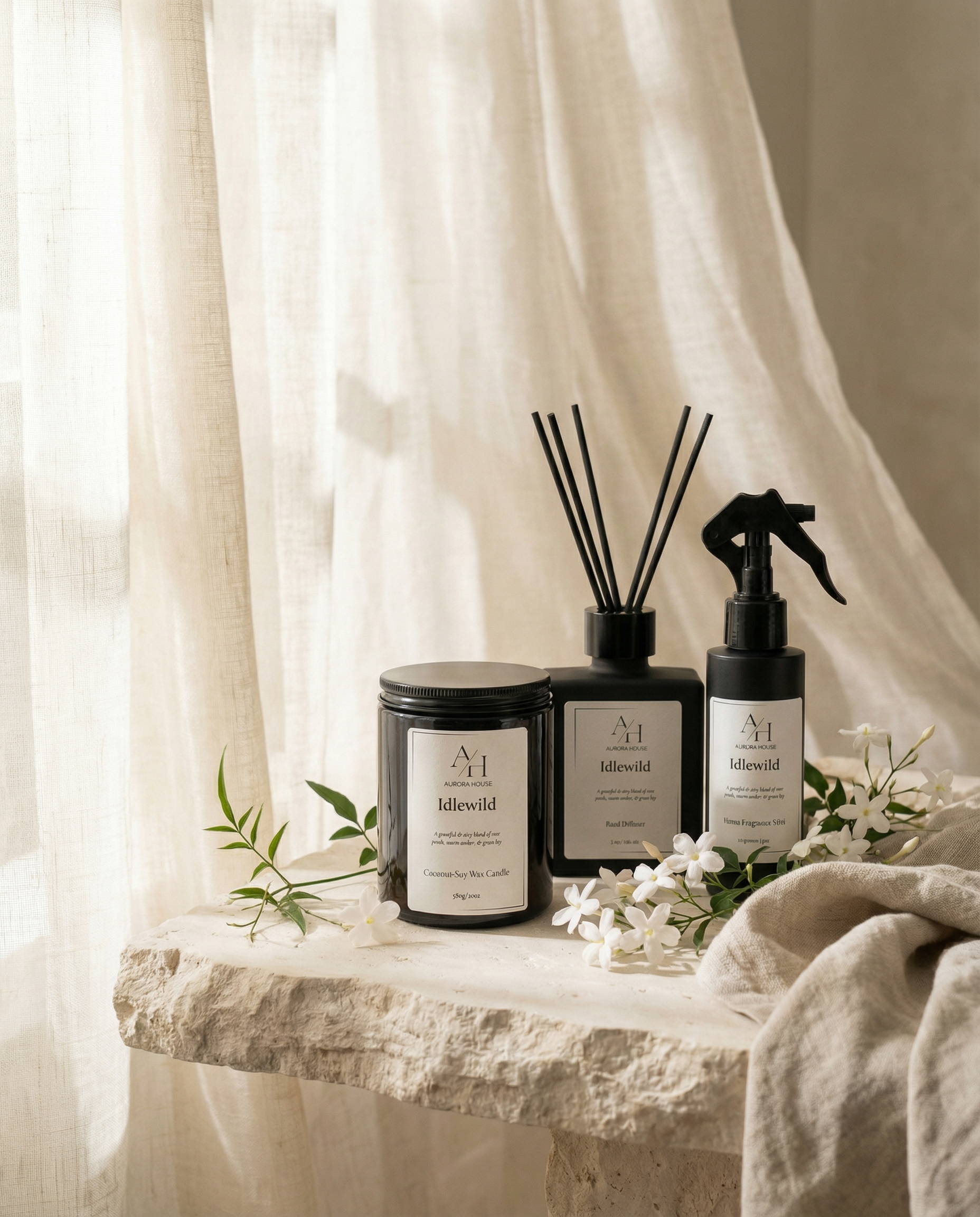 Idlewild candle, reed diffuser, and fragrance mist styled on pale stone with jasmine flowers and soft linen backdrop.