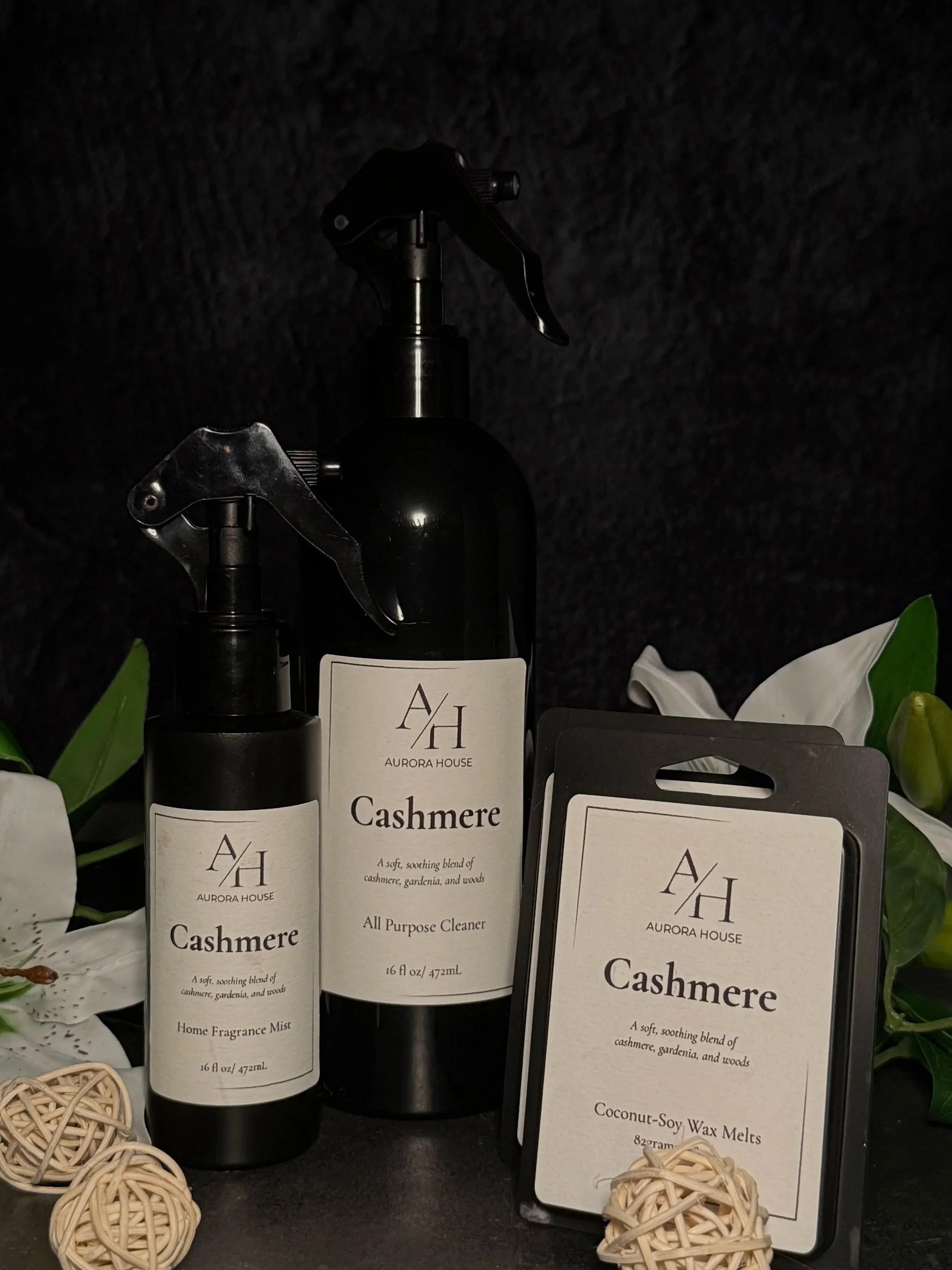 Aurora House Home Harmony Set in Cashmere including wax melts, all purpose cleaner, and home fragrance mist
