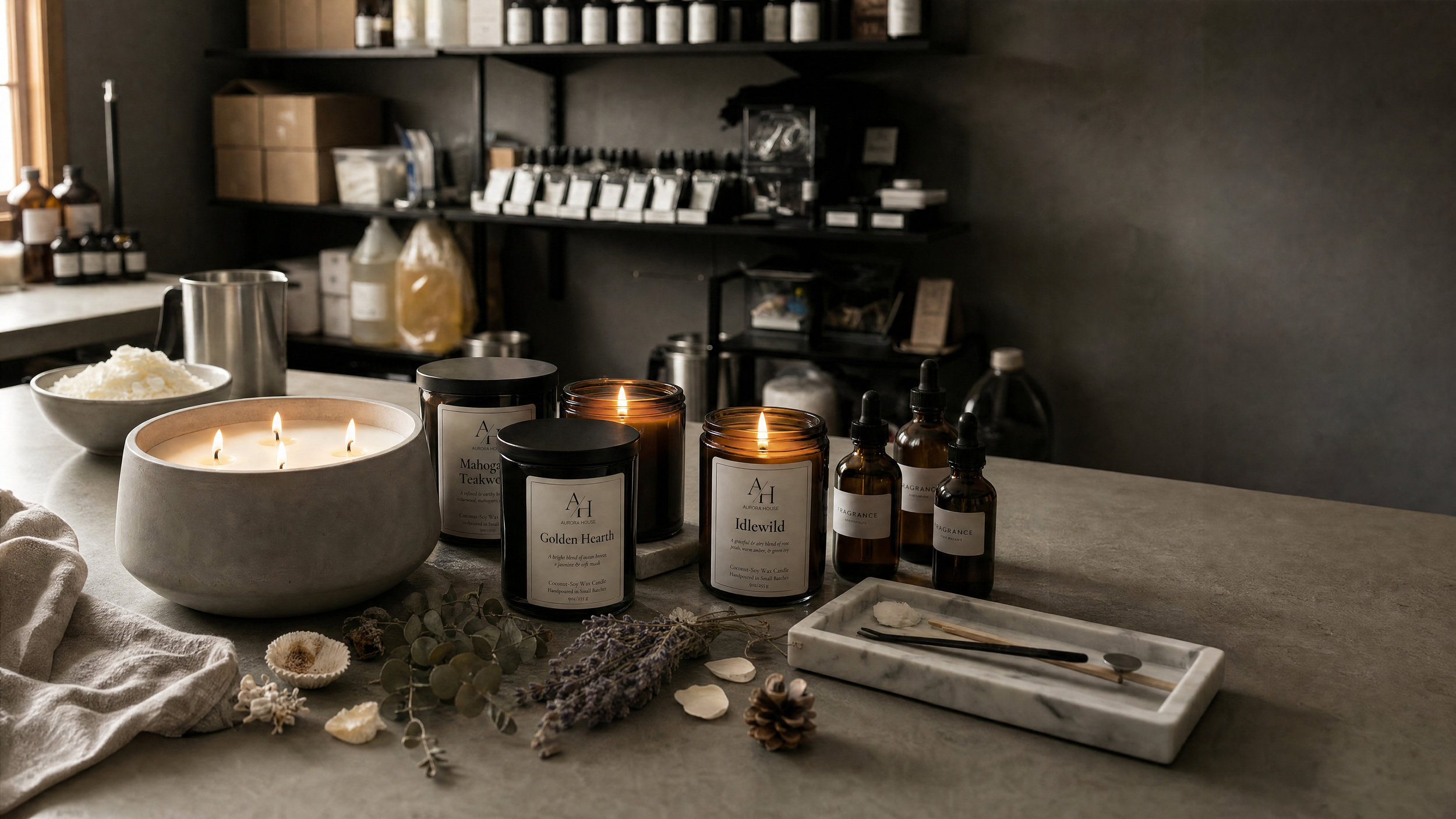 A collection of scented candles, dried flowers, and skincare products on a countertop in a cozy, dimly lit setting.